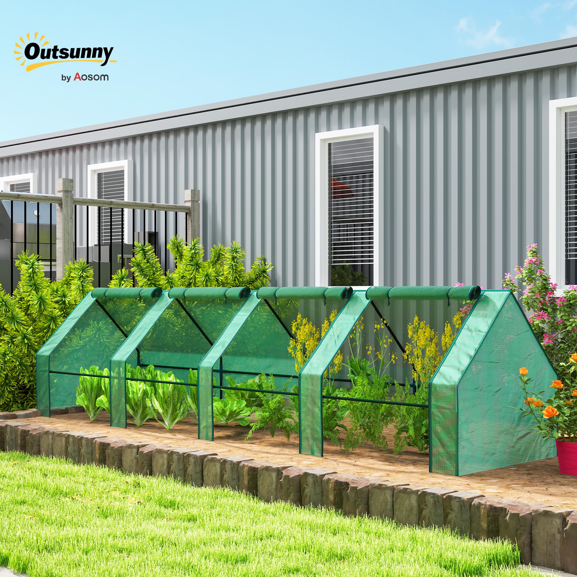 Outsunny Szklarnia z oknem na suwak 360x90x90 cm zielony | Szklarnia foliowa zimoodporna ze stali, na balkon, ogród, do uprawy pomidorów, warzyw, kwiatów