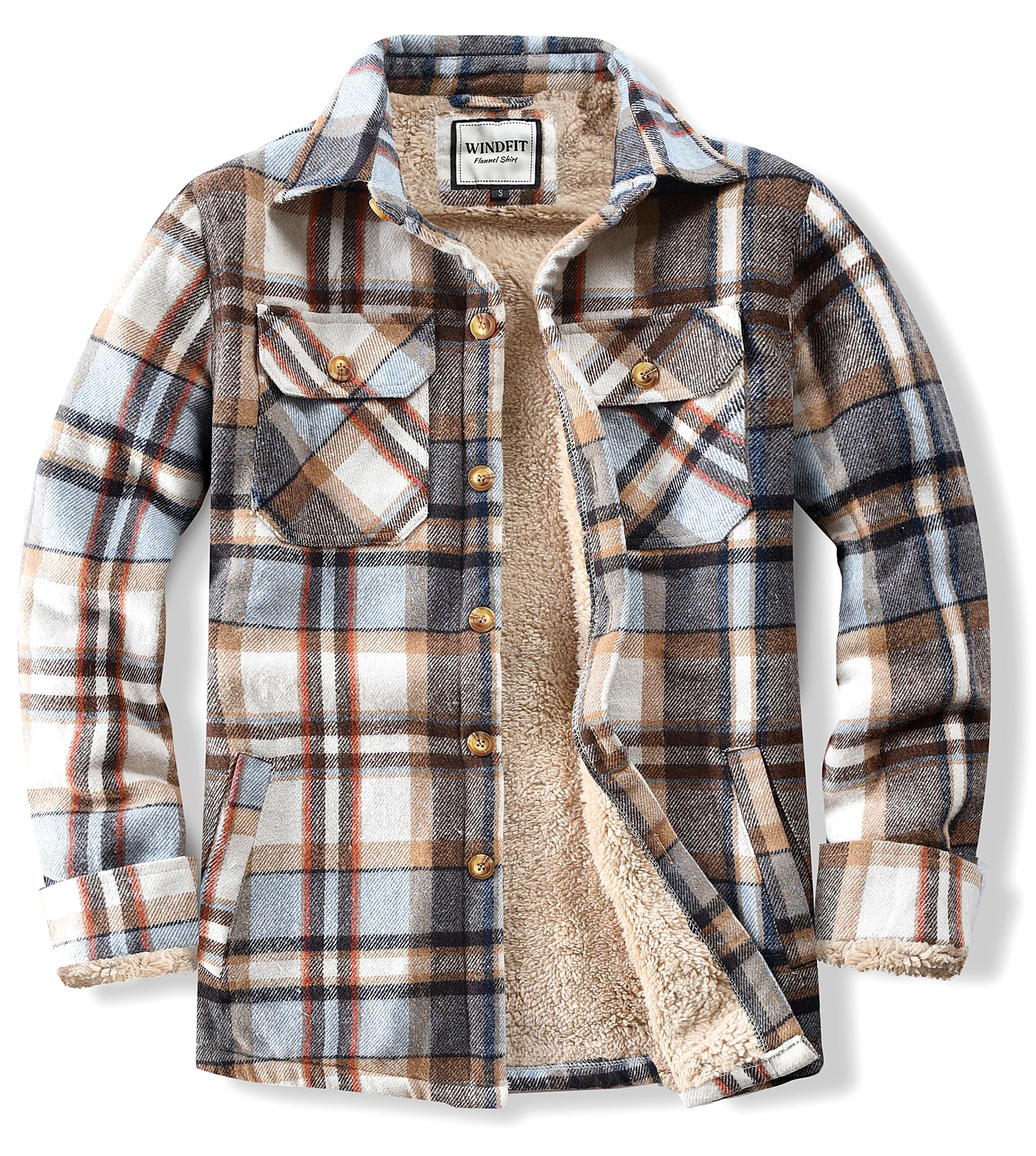 WINDFIT Flanell-Hemdjacke für Herren, Baumwolle, Sherpa-Futter, Knopfleiste, kariert, weich, Outdoor-Flanelljacke