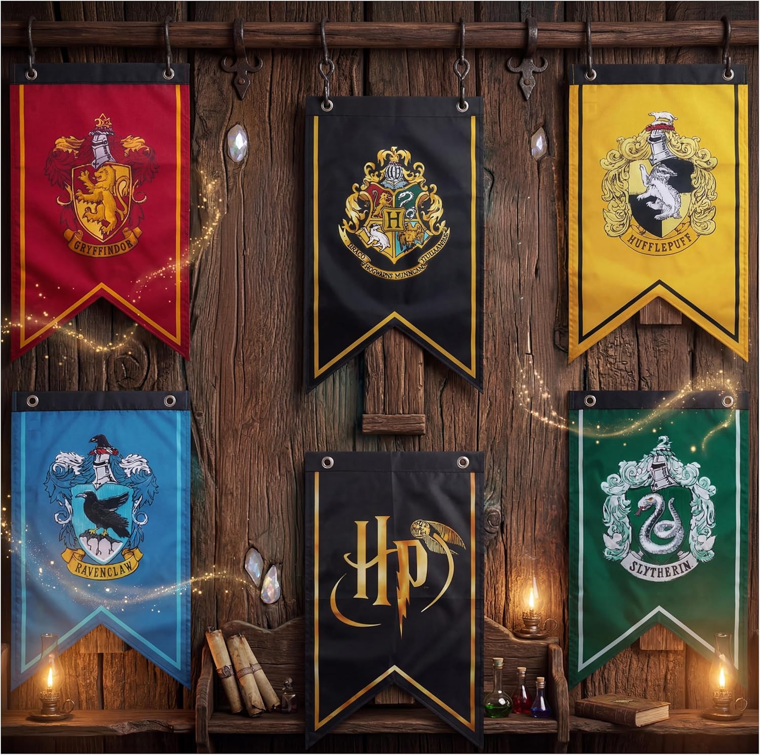 Harry Potter Gifts Banner Decorations Set of 6 Hogwarts House Flags 20x12 Inch Gryffindor, Slytherin, Ravenclaw, Hufflepuff Birthday Party Supplies (Multi Flags)
