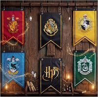Decorațiune de perete pentru zi de naștere cu stema Harry Potter Hogwarts, ghirlandă din 6 piese cu casele Hogwarts: Gryffindor, Hufflepuff, Slytherin, Ravenclaw 1