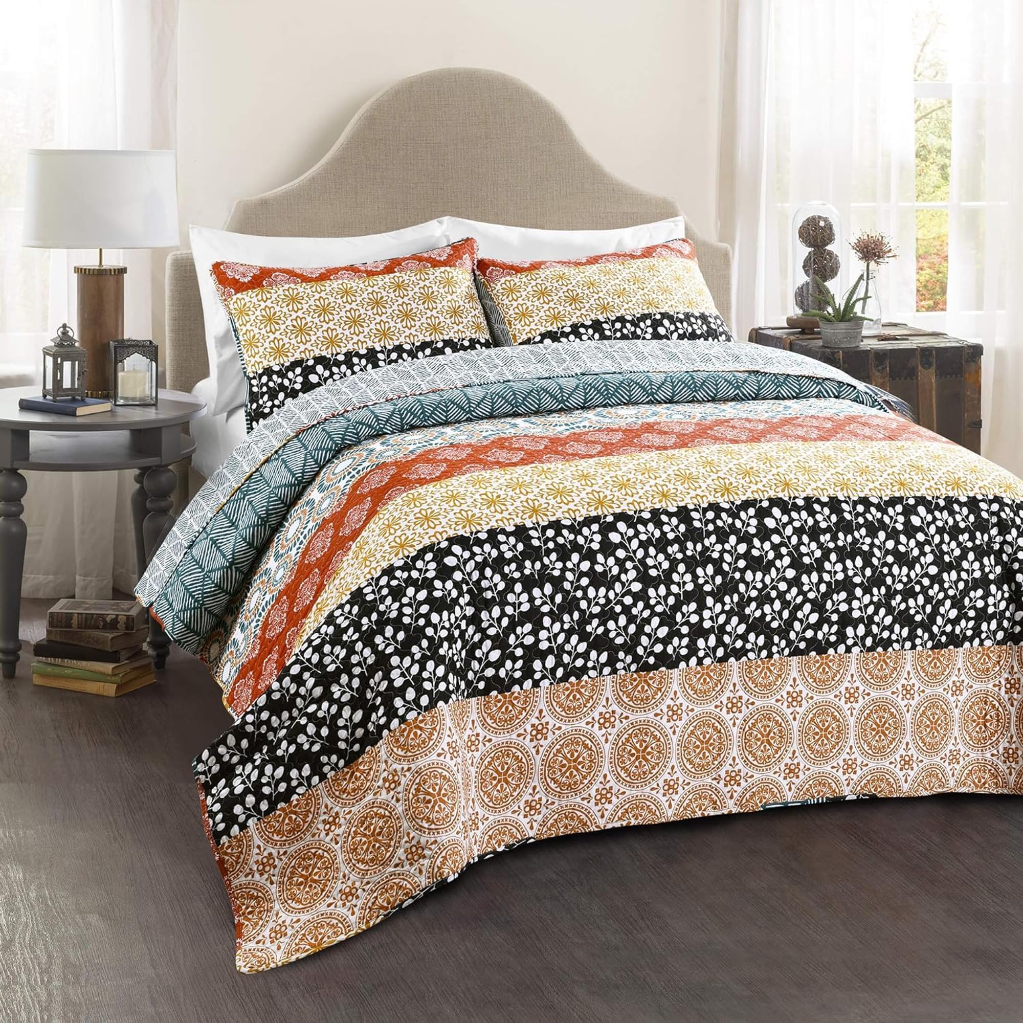 Lush Decor Bohemian Stripe Reversible Cotton Quilt Set, 3 Piece Set, Full/Queen, Turquoise & Orange - Boho Bedding Set - Bold & Colorful - Striped Quilt - Maximalist & Boho Bedroom Decor