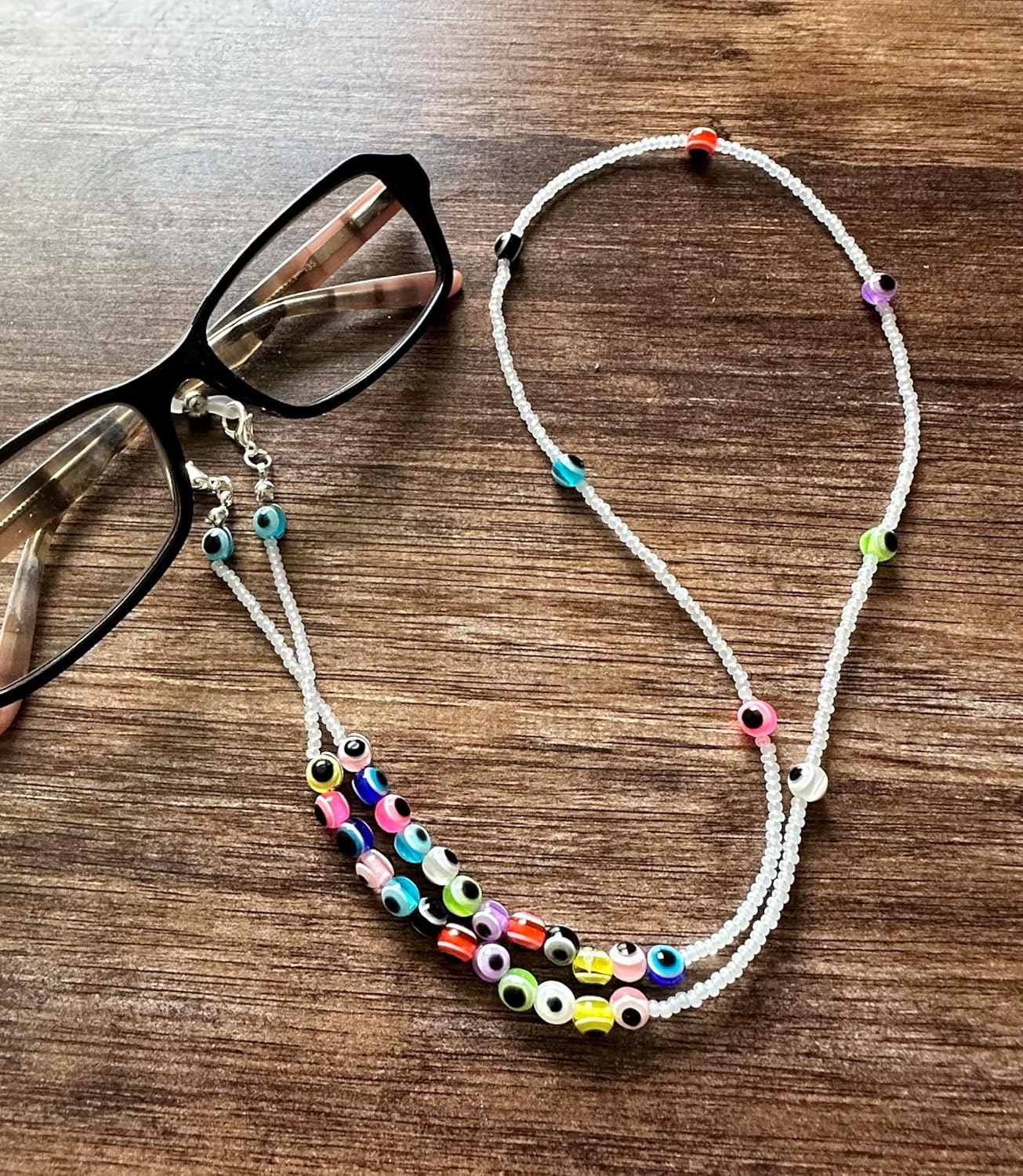 Erk Fashion Eyeglasses Chain Healing Crystal Beaded Sunglasses Chains with Pearl for Women, Evil Eye Beads, Colorful, Quality Handmade, Mother's Day Gift, Gift for mom, Best Unique gift