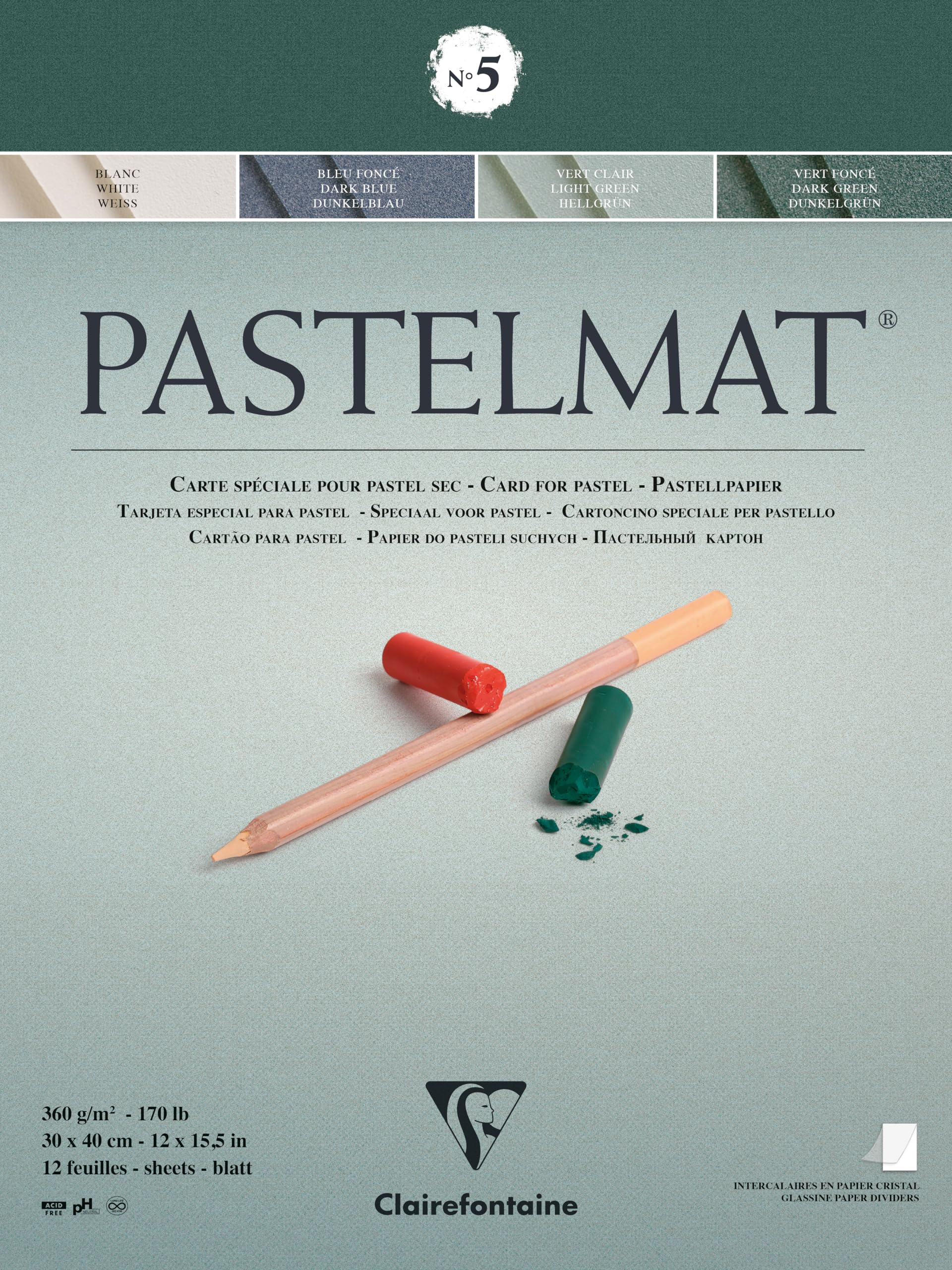 Carta Pastelmat Clairefontaine 360g, Confezione 5 Fogli 50x70cm, Verde Chiaro, Perfetta Per Pastelli Secchi E Tecniche Miste