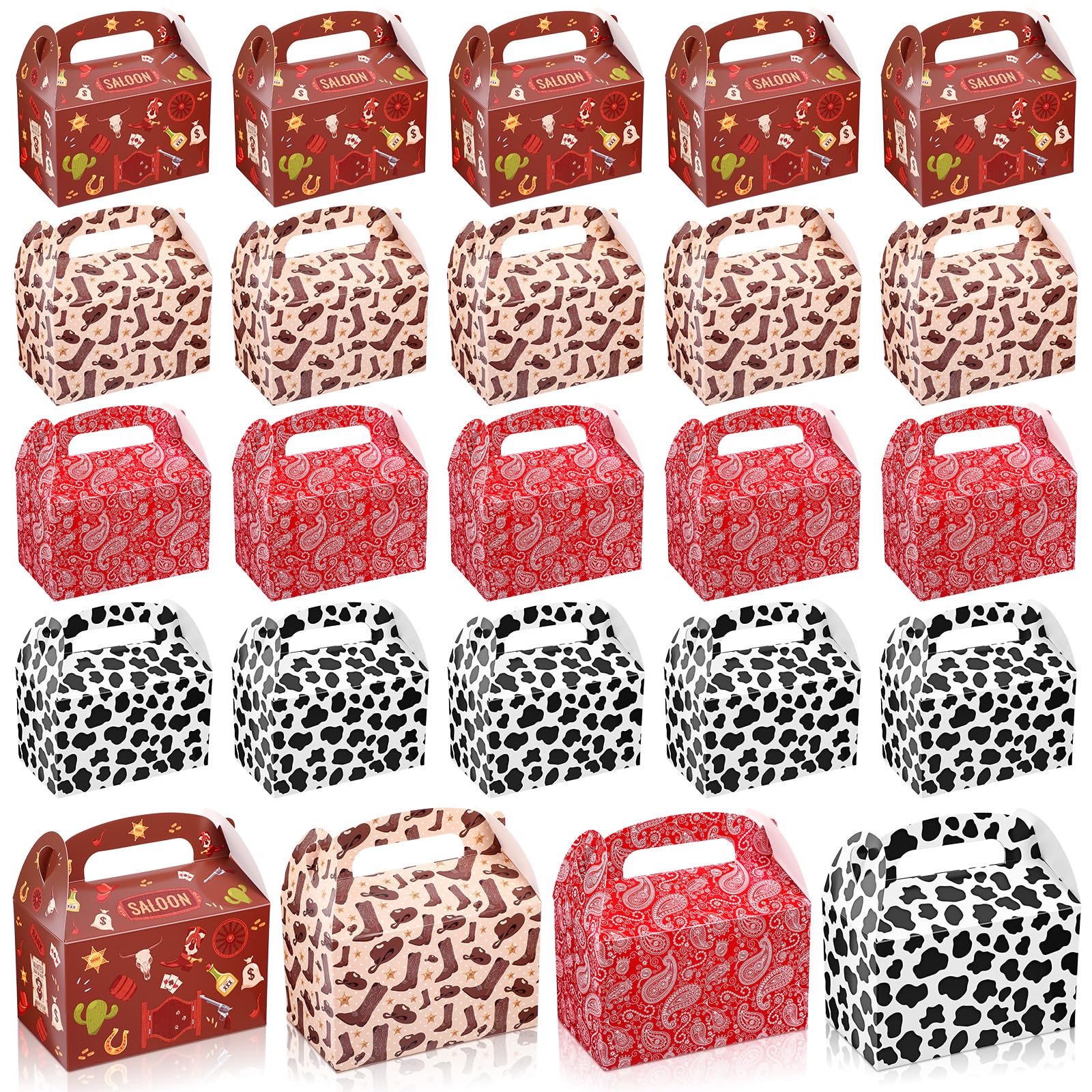 AmazingSpark 24 Pack Western Cowboy Themed Treat Boxes Bags with Handles Red Paisley Bandana Cow Print Paper Gift Bags Boxes for Wedding Birthday Party Favors Supplies