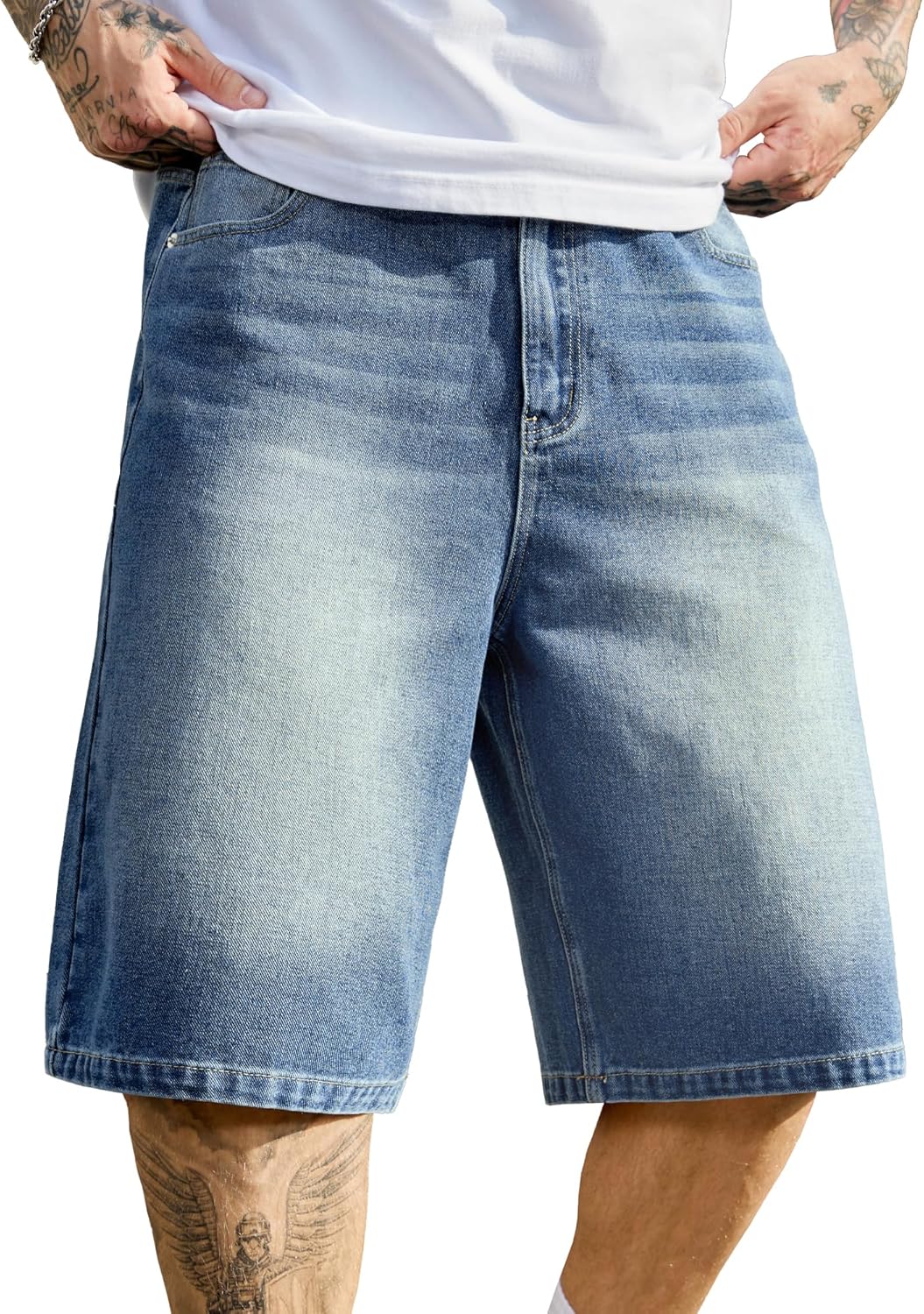 PLEPAN Mens Baggy Jean Shorts 12" Vintage Loose Fit Wide Leg Long Denim Shorts Y2K Streetwear Hip Hop Below Knee Jorts