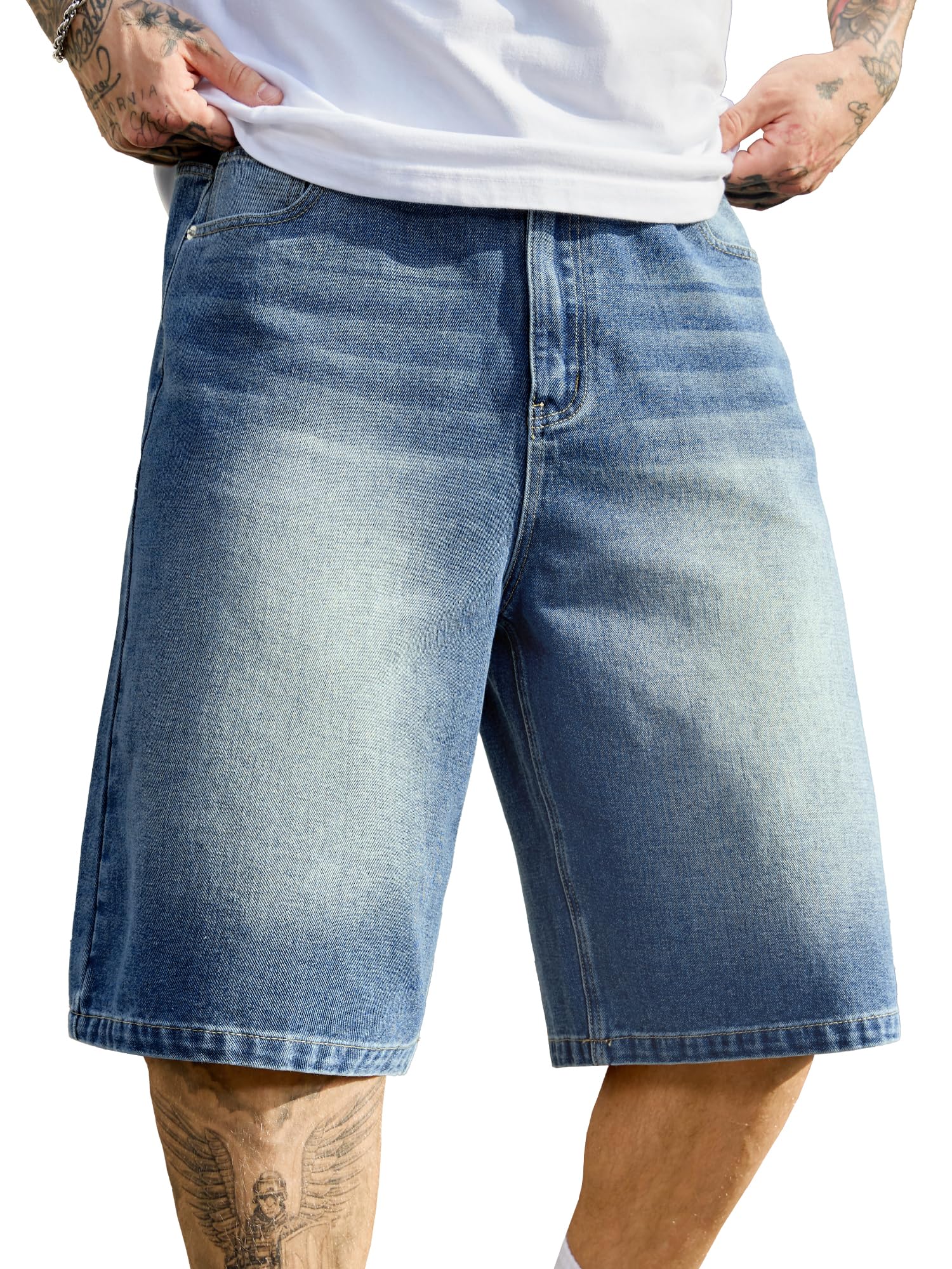 PLEPAN Men's Baggy Jeans Loose Fit Jorts Long Below Knee Denim Shorts