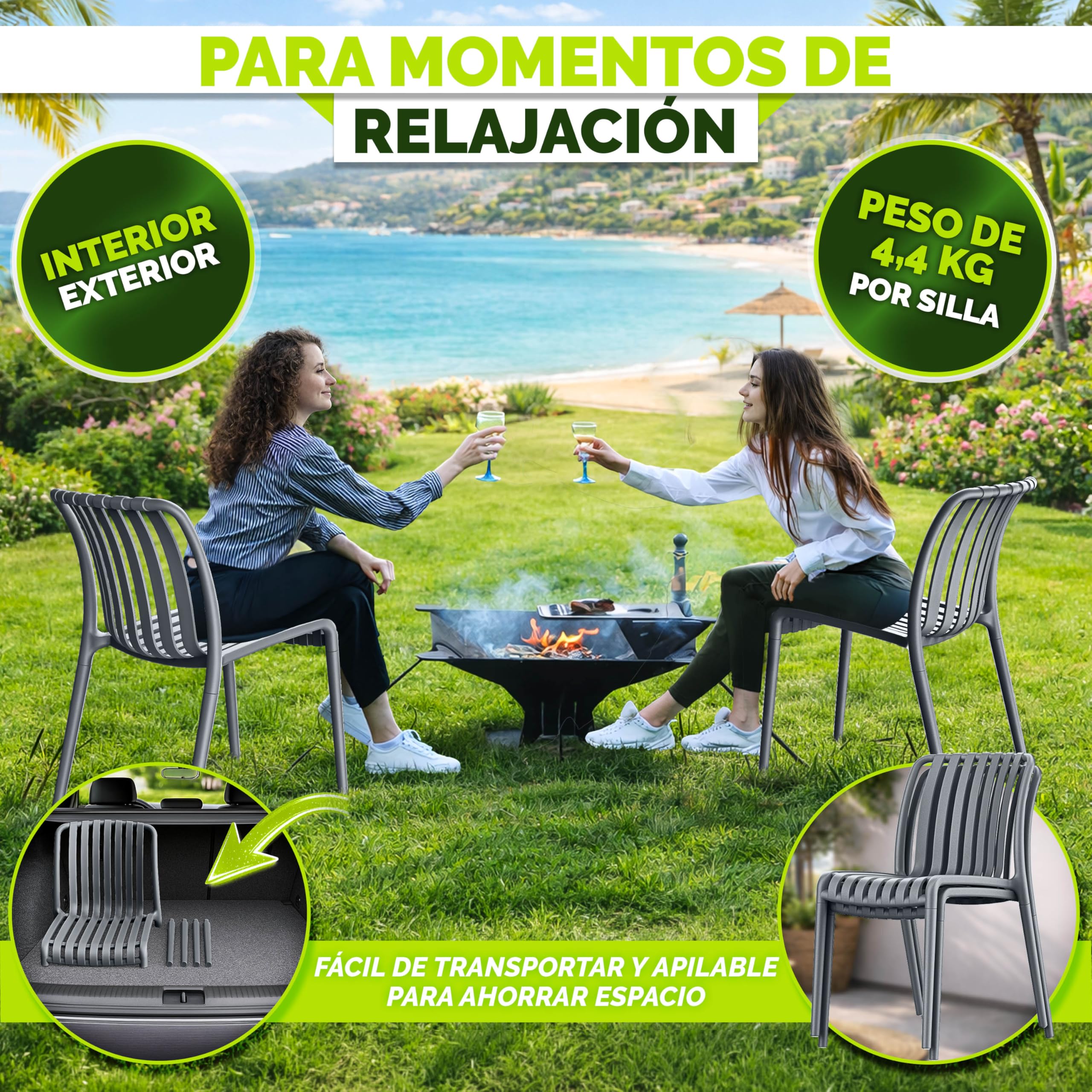 tillvex Juego de 2 sillas de jardín apilables, resistentes a la intemperie, sillas de exterior de hasta 120 kg, sillas de jardín para exteriores, muebles de terraza, balcón, jardín, terraza