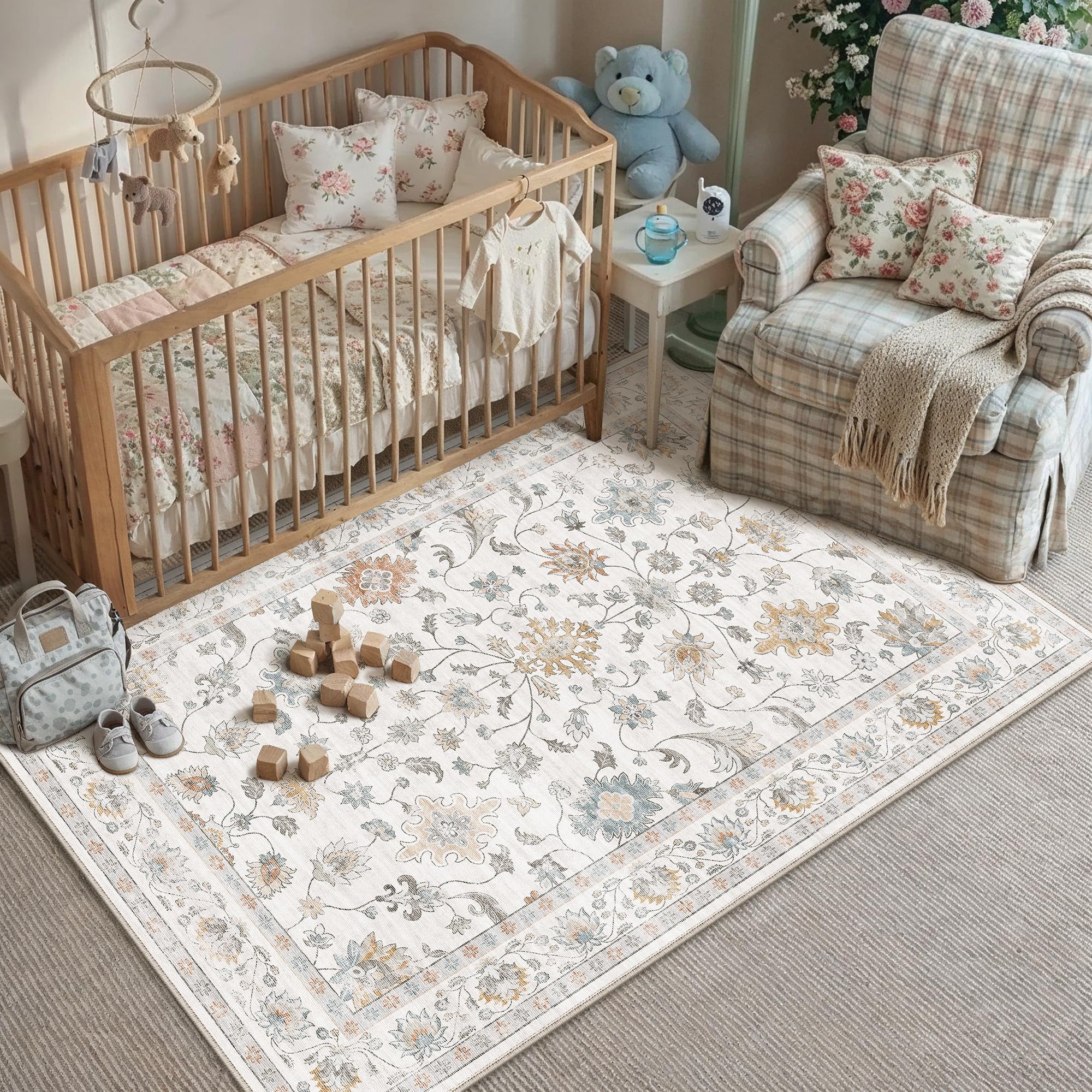 PureCozy 120x170 cm Washable Rugs Living Room, Floral Vintage Soft Area Rugs with Non-Slip Backing, Machine Washable, Lightweight Low-Pile Carpet for Office Dining Room, Grey
