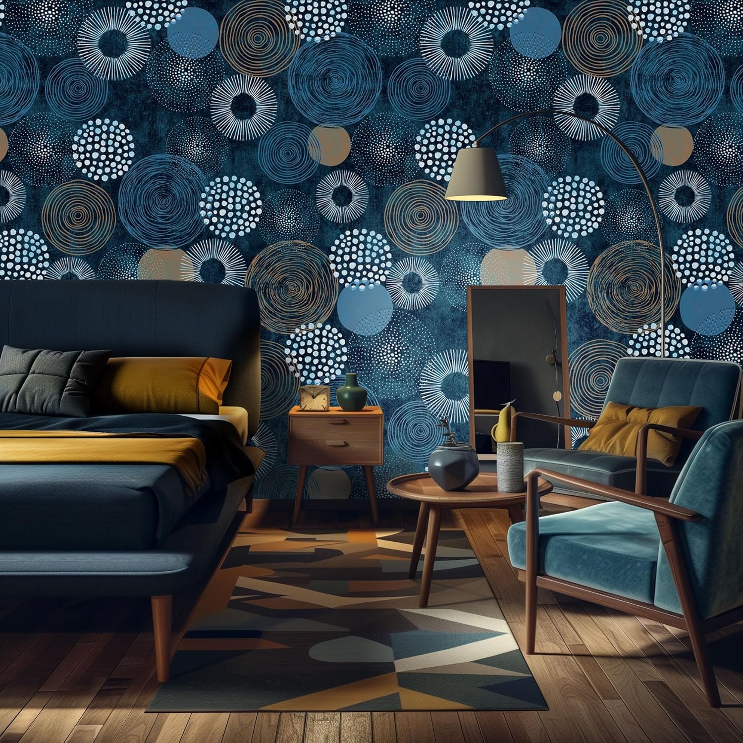 AMUGISH Mid-Century Blue Boho Pattern Wall Mural Wallpaper | Peel and Stick | Retro Chic for Living Room, Bedroom, Kitchen, Nursery - 101''W x 75''H Peel and Stick