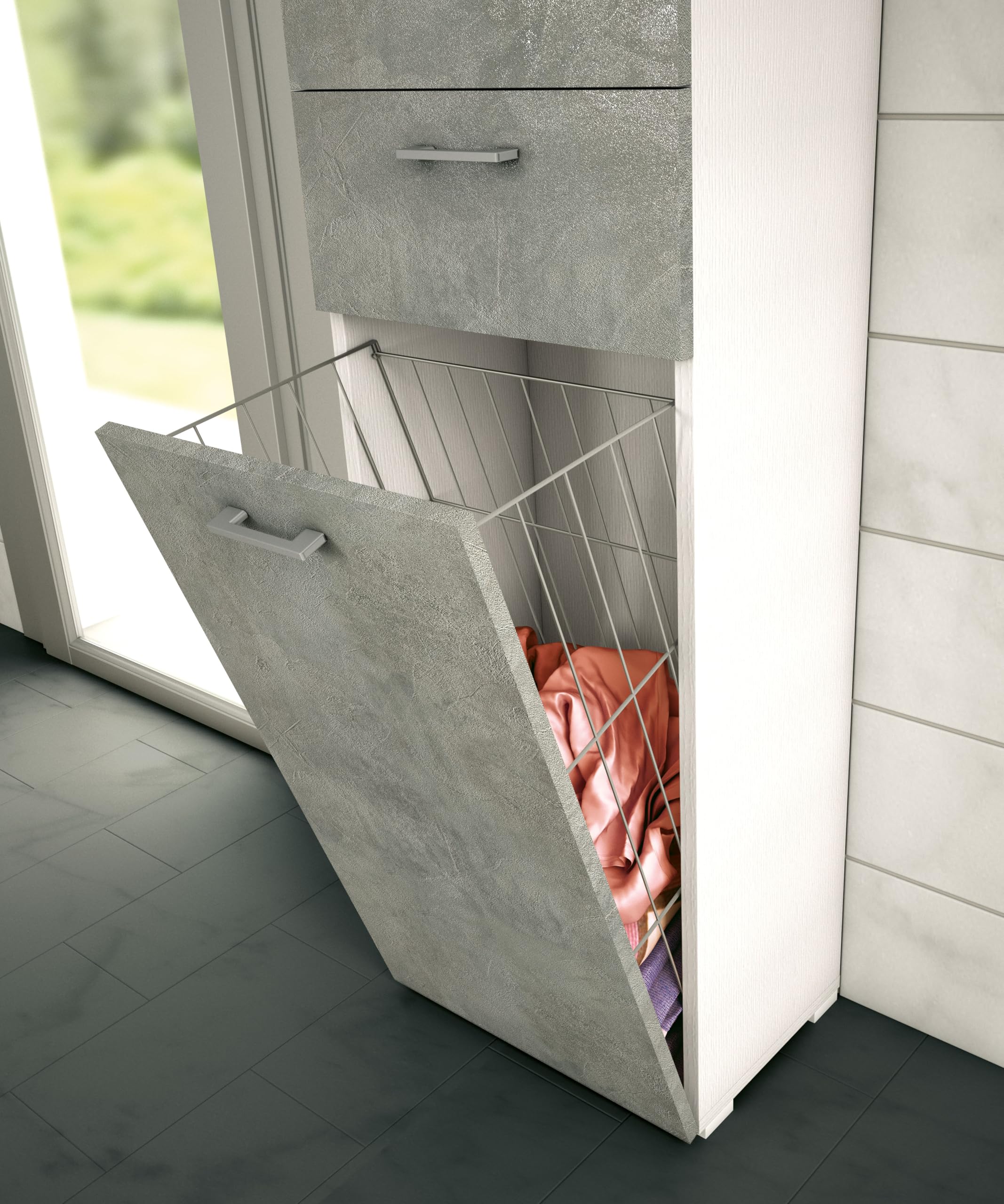 Terraneo mobile multiuso con cestello portabiancheria estraibile, ideale per bagno o lavanderia, salvaspazio – Dimensioni 45x32x195 cm (Bianco cemento)