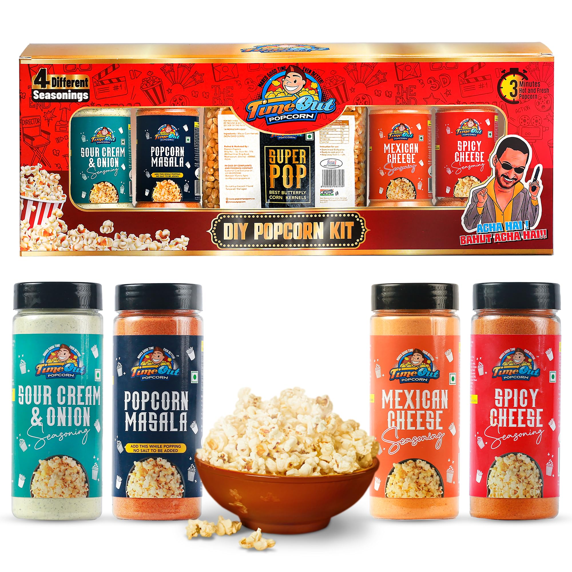TimeOut DIY Popcorn Kit | Healthy Snacking | Whole Kernels with 4 Signature Seasonings | Maize (400g), Popcorn Masala (75g), Mexican Cheese (50g), Spicy Cheese (50g), Sour Cream N Onion (50g) (Popcorn Kit, 4 Flavour Seasoning)