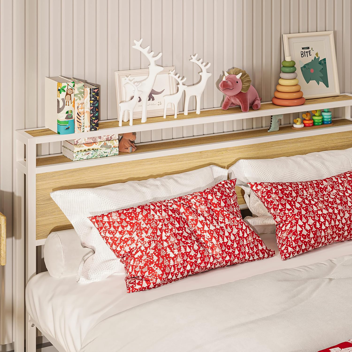 LIKIMIO Full Size Bed Frame, Platform Bed Frame with 2-Tier Storage Headboard, Solid and Stable, Noise Free, No Box Spring Needed, Easy Assembly, White and Log