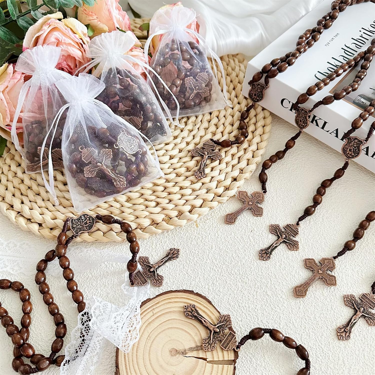 BONITTER Saint Michael Archange Necklace, 3PCS/10PCS/25PCS Pocket Wooden Cross Bulk with Organza Bags, Handmade Rosary Beads, Catholic Christian Prayer Gift - Image 3