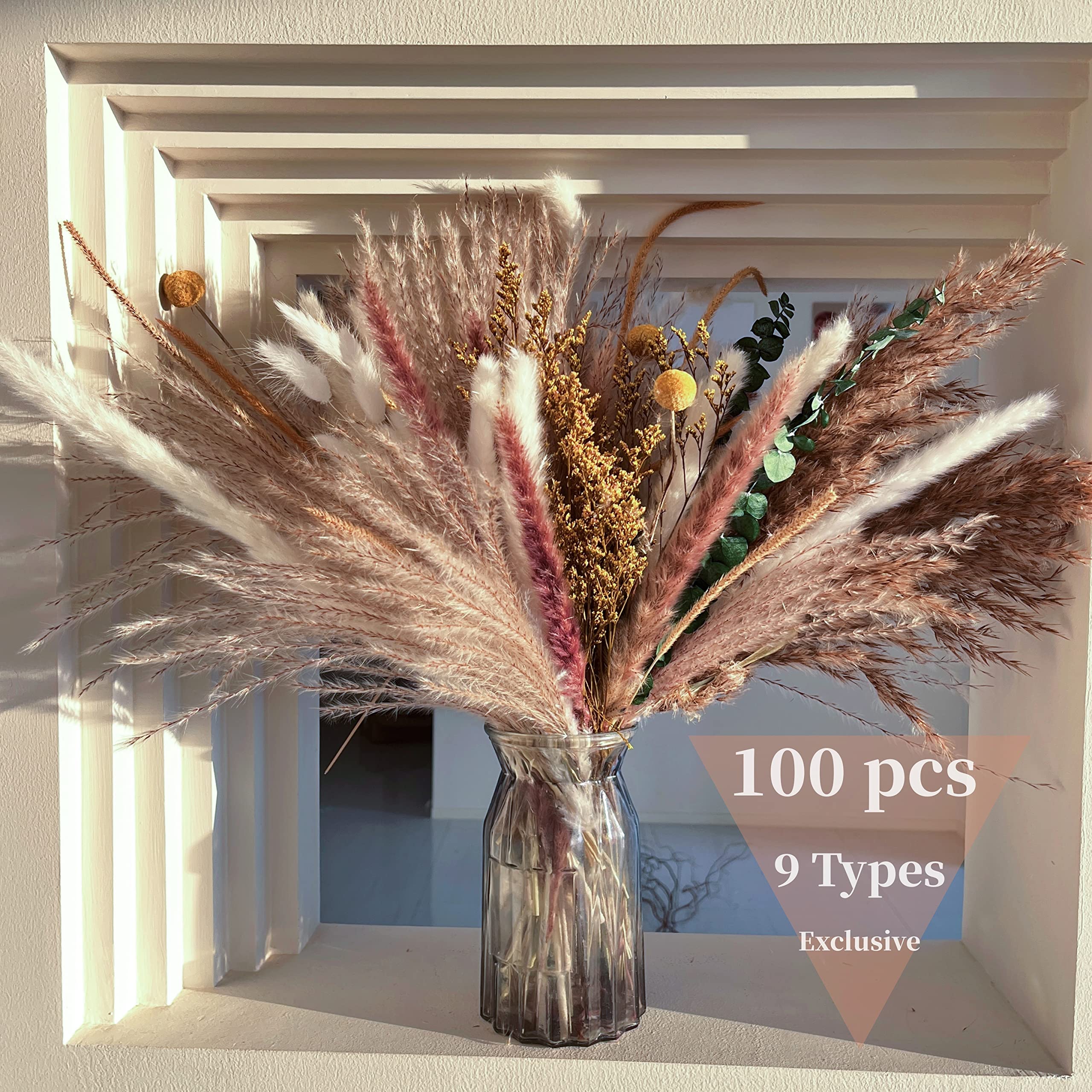 Photo 1 of 100 pcs Dried Floral Arrangements, 9 Kinds of Pampas Grass Decor for Living Room Decoration, Fluffy Dried Flowers Bouquet for Wedding Decor Party Flower Decor 100pcs-B