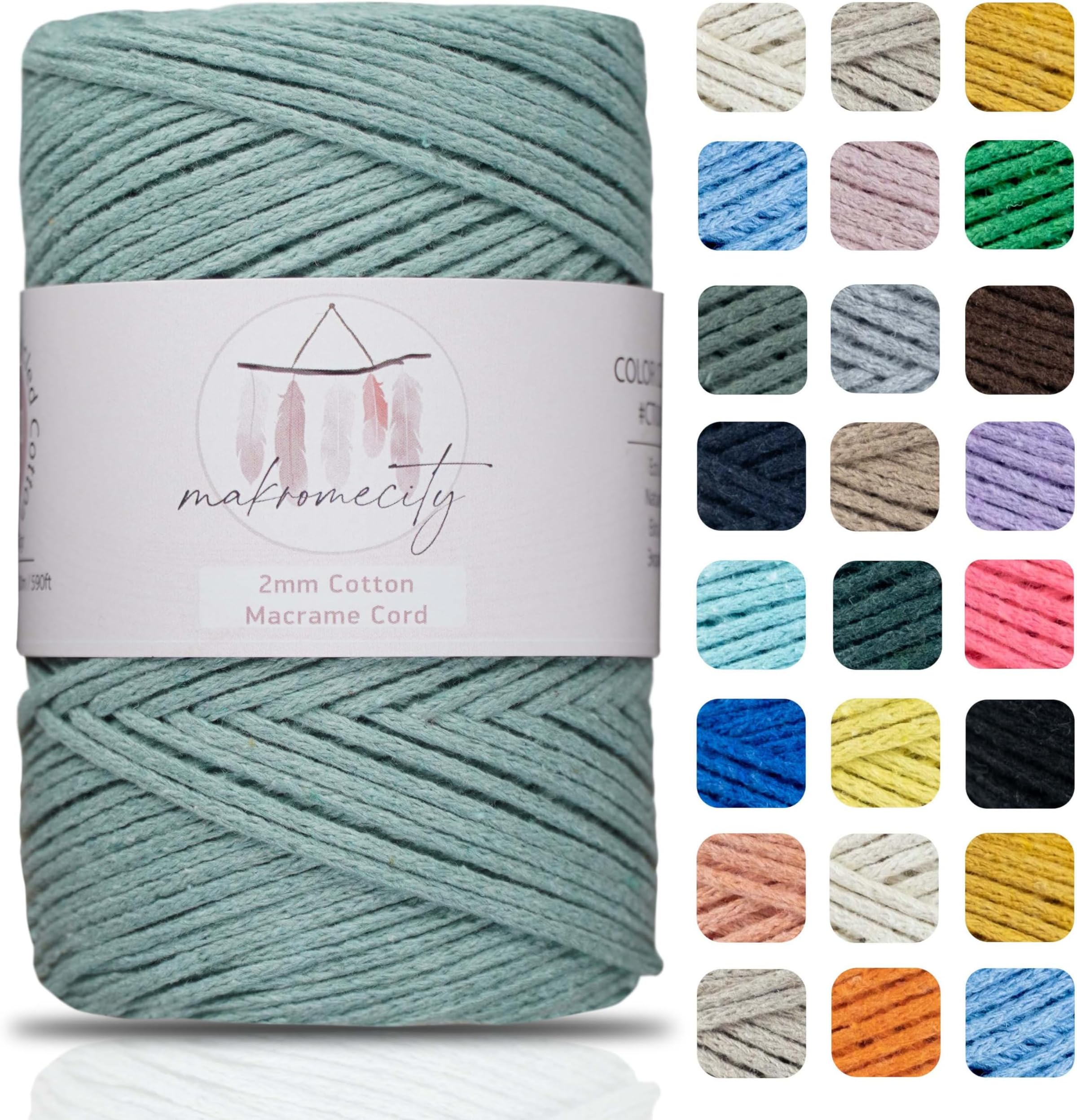 Makromecity, Cotton Macrame Cord 2mm x 195 Yards (590 feet) 2mm Recycled Cotton Crochet Yarn for Macrame Art & Crafts for Wall Hangings, Bags, Underplate, Rug (25 Colors Available) (Crepe Green)