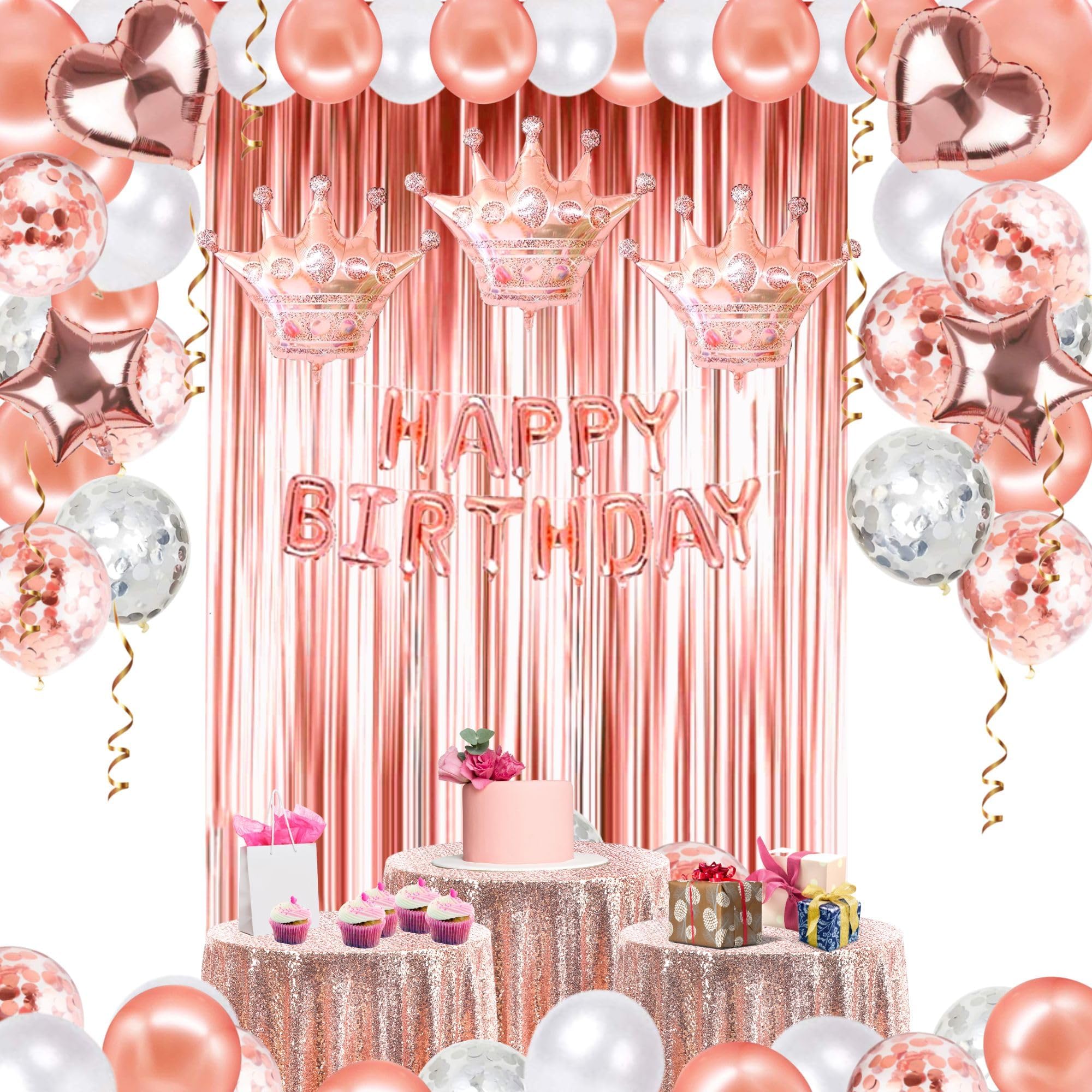 SEVENDOT7Birthday Party Decorations theme supplies with Happy Birthday Banner foil balloon cake topper for girls, women, boys and men (Rosegold theme)