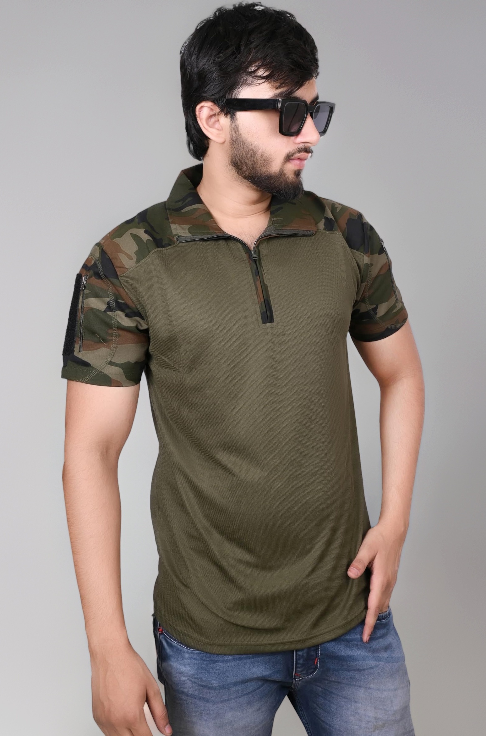 Camouflage Print Tactical Shirt for Men, Zipper Front