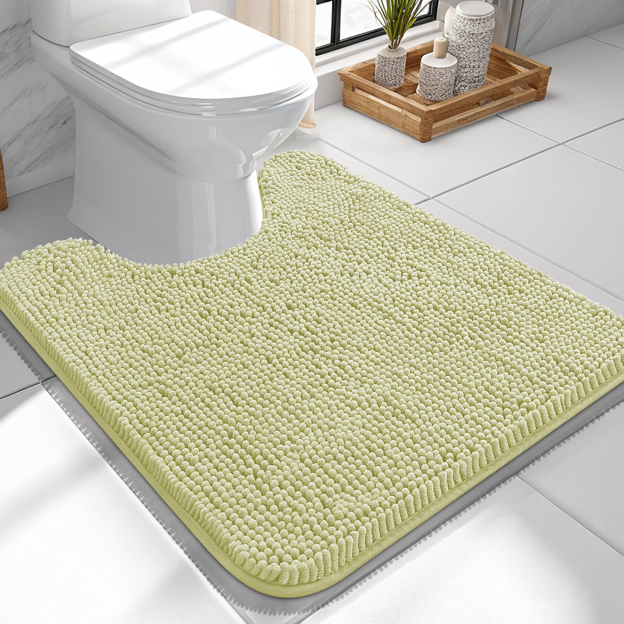 OLANLY Toilet Rugs U-Shaped 24x24, Soft Absorbent Chenille Contour Rugs | Vanilla, Quick-Drying Rubber Backing, Machine Washable Non-Slip Shaggy Bathroom Mat for Toilet, Home Decor Accessories