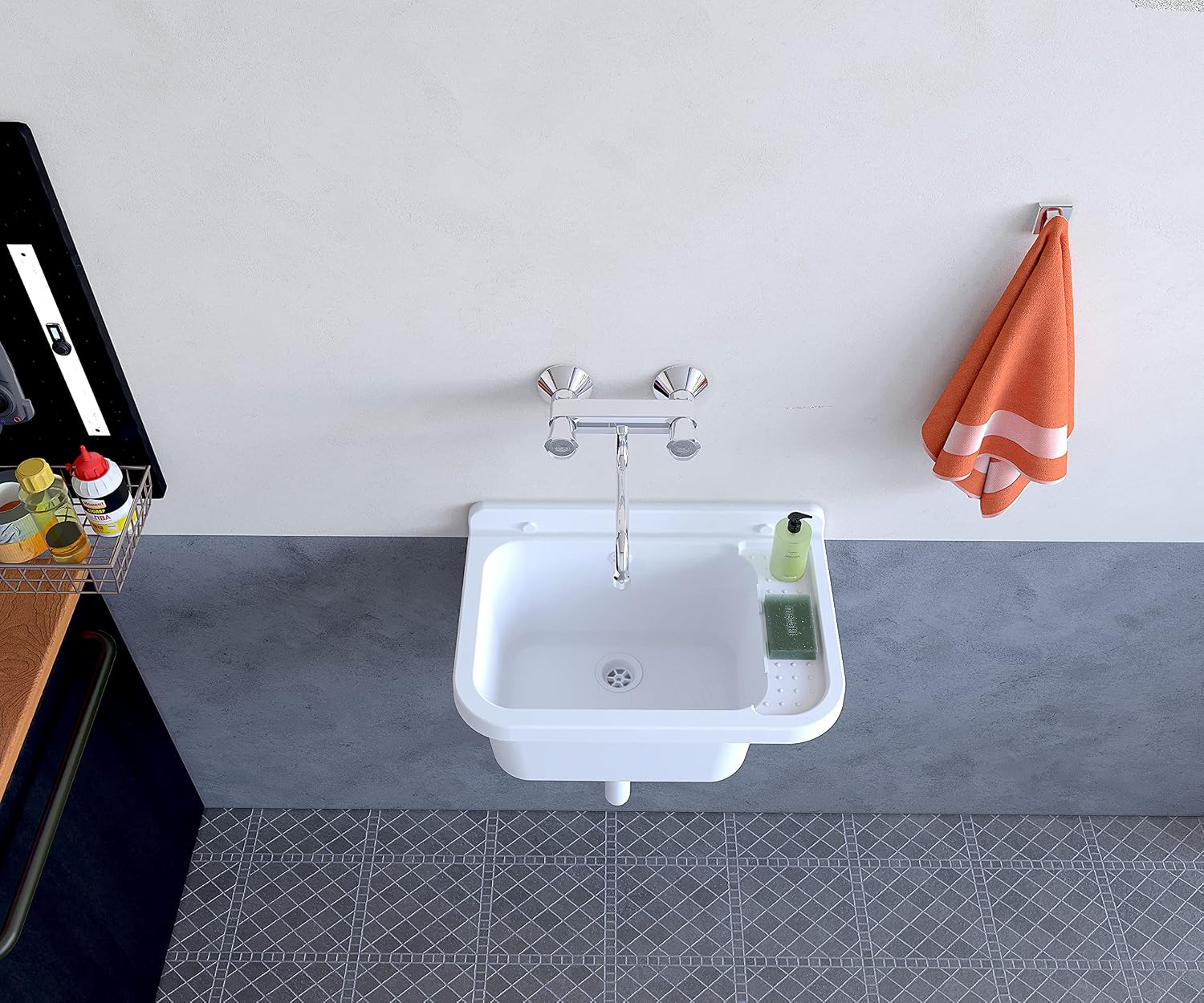 2051 AMA Resin Acid-Resistant Moisture Resistant Wall-Mounted Basin Complete Set Outdoor White L 50 x D 34 x H 21 cm