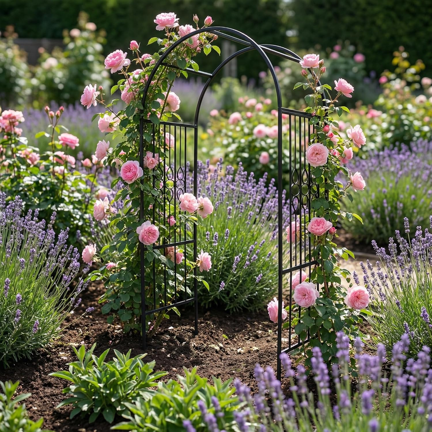 SCENDOR 90.5" H x 45.6" W Sturdy Metal Garden Arch with Decorative Scrollwork – Heavy-Duty Arbor for Climbing Plants, Roses, Vines, Weddings, and Outdoor Patio, Lawn, Backyard Decor (Black)