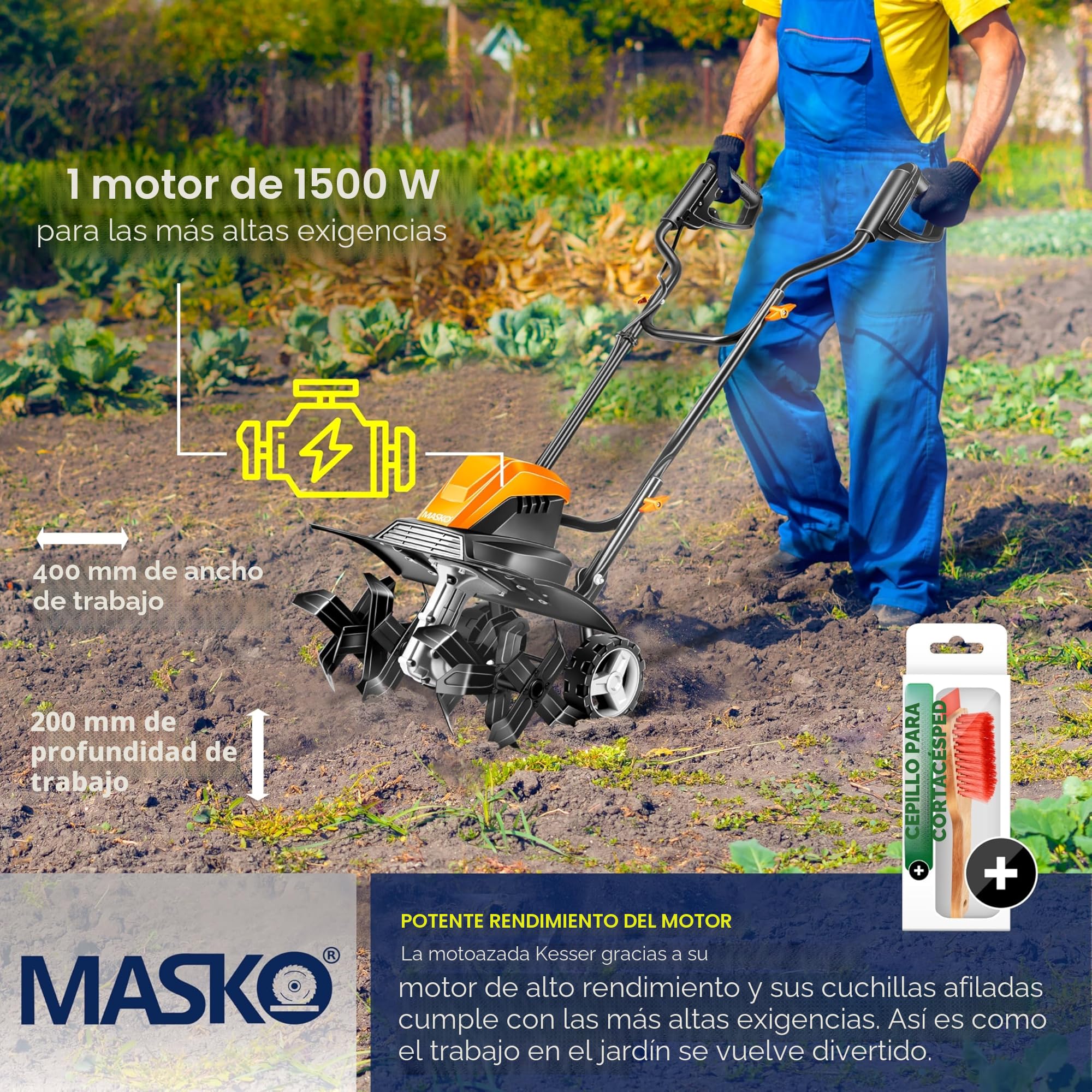MASKO® Azada con Motor eléctrico 1500W | 40 cm de Ancho de Trabajo 20 cm de Profundidad de Trabajo | Azada del Suelo | Cultivador de jardín | Azada eléctrica | Carcasa metálica, Naranja