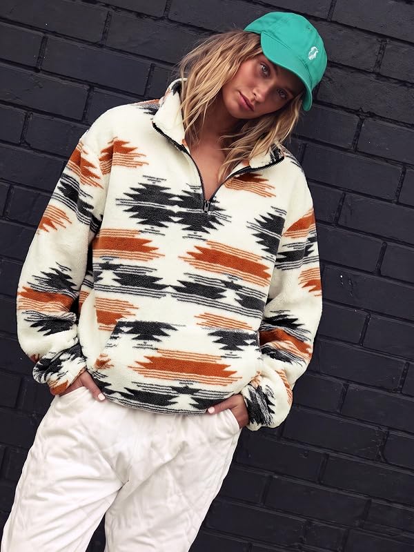 LUKYCILD Aztec Sweatshirt for Women Western Half Zip Sherpa Fleece Hoodies image 6