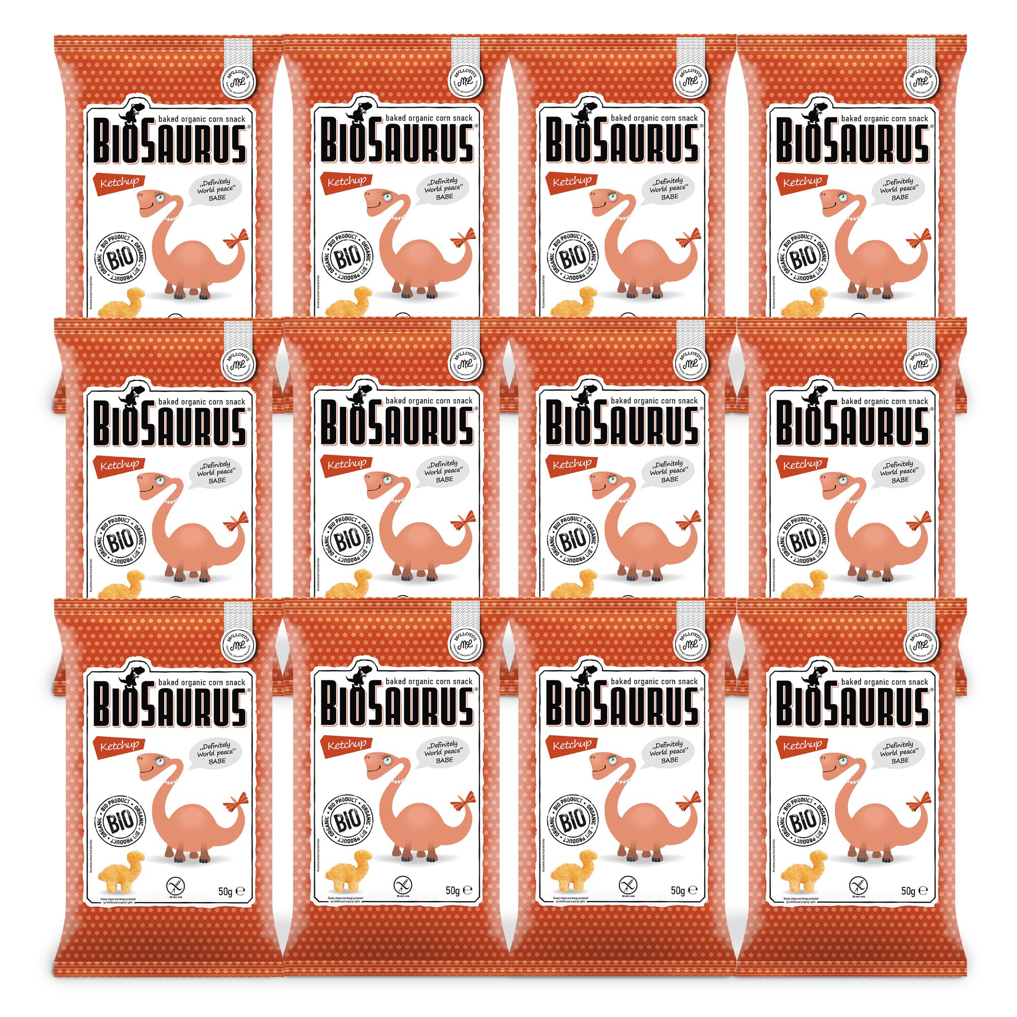 Biosaurus - Pack de 12 Bolsas de 50 Gr - Snack Ecológico de Maiz con Ketchup - Apto para Veganos