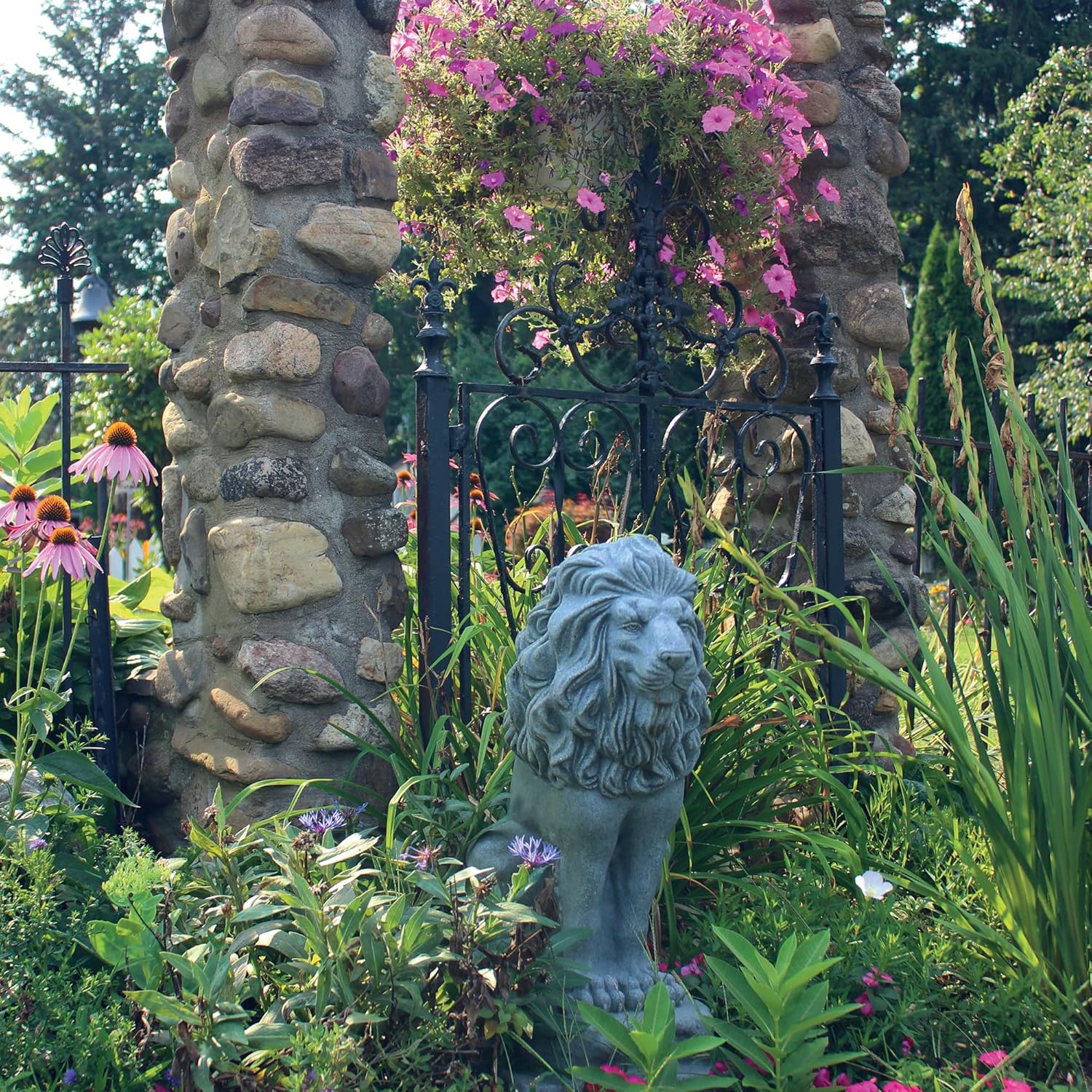 EMSCO Group Guardian Lion Statue – Natural Granite Appearance – Made of Resin – Lightweight – 28” Height