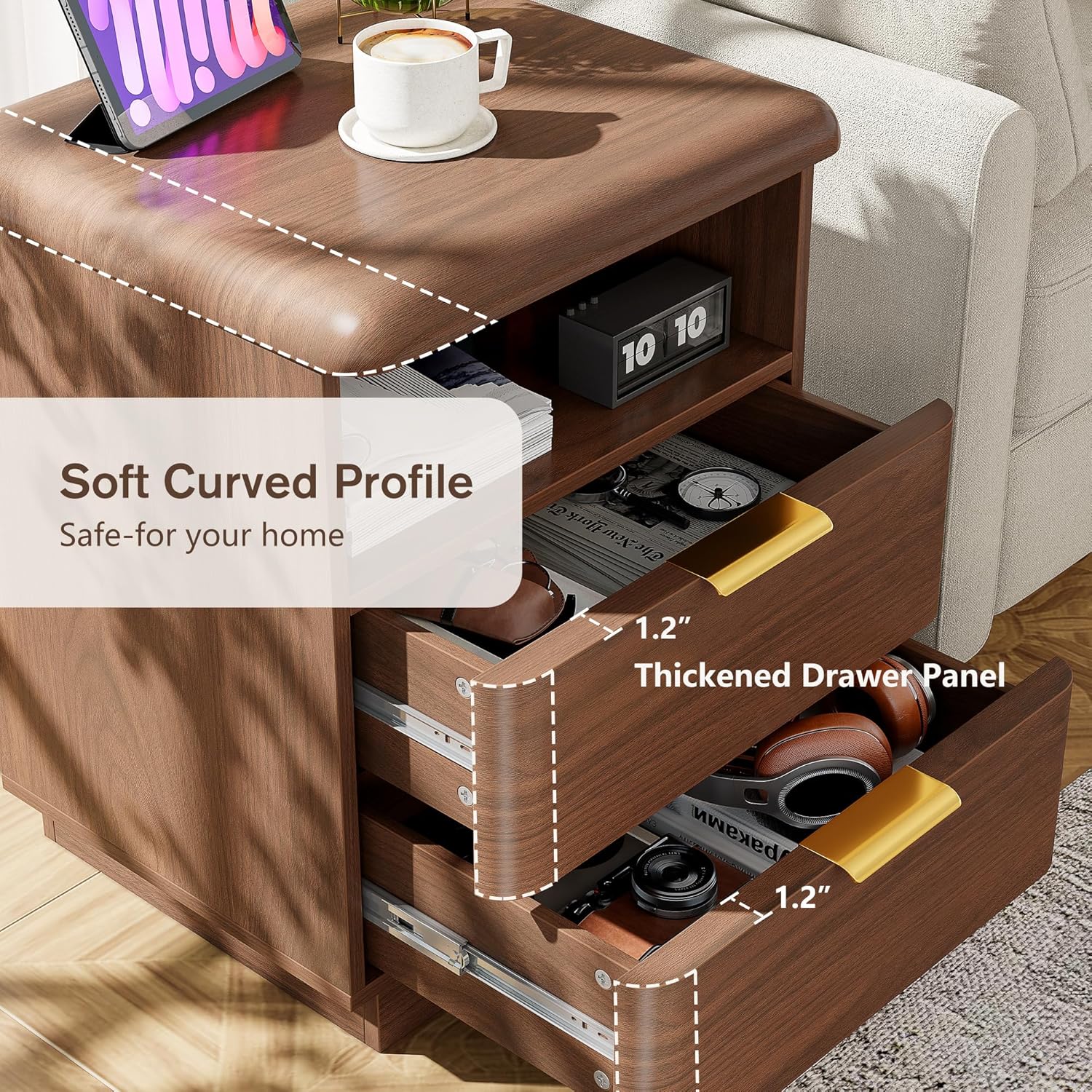 Alohappy 19.6" Thickened Nightstand, 2 Drawer Bedside Table, Wooden End Table w/Storage, Modern Curved Profile Design, Mid Century Night Stand for Bedroom, Living Room (2, 2 Drawer) - Image 6