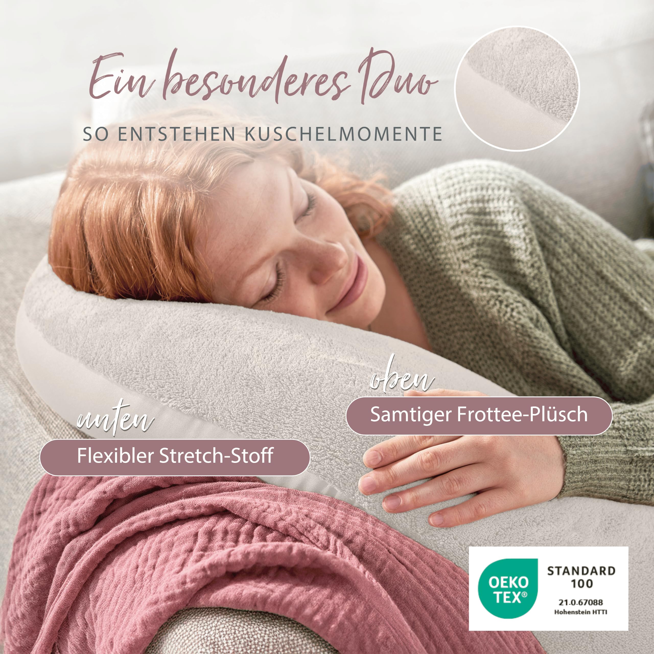 Theraline Plüschmond Stillkissen, Kopfkissen und Nackenkissen mit Perlen, ergonomisches Kissen zum Stillen, Schlafen und Lesen, Stillmond mit Plüsch, Mondkissen waschbar bis 40°C Farbe: Creme