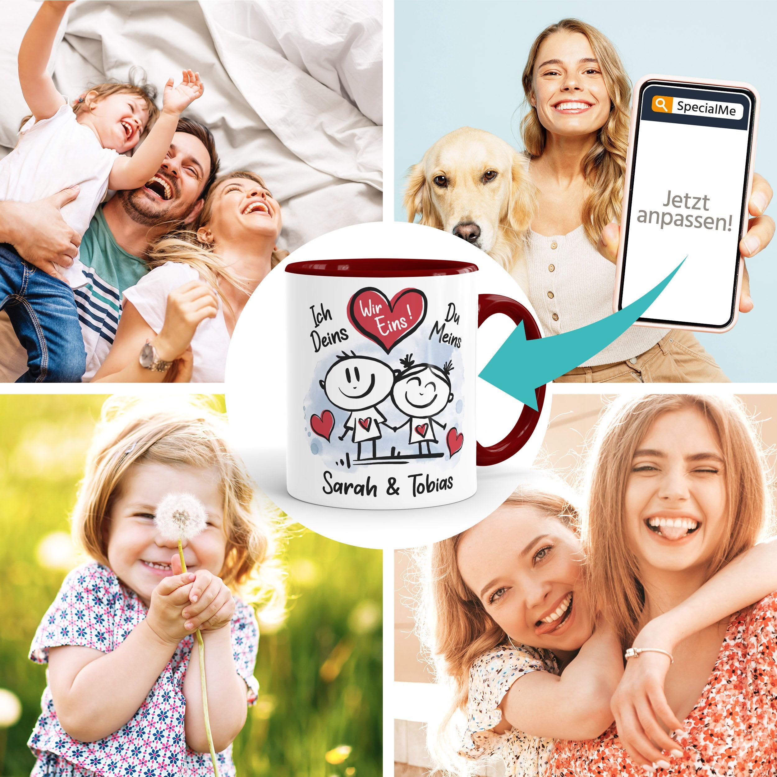 SpecialMe® Kaffeetasse Personalisiert Mit Namen & Herz – Weiß Mit Bordeauxrotem Innenrand – Geschenk Für Paare