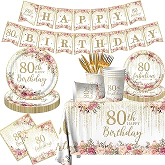 80th Birthday Party Tableware, 142Pcs Rose Gold 80th Birthday Decorations Inc...