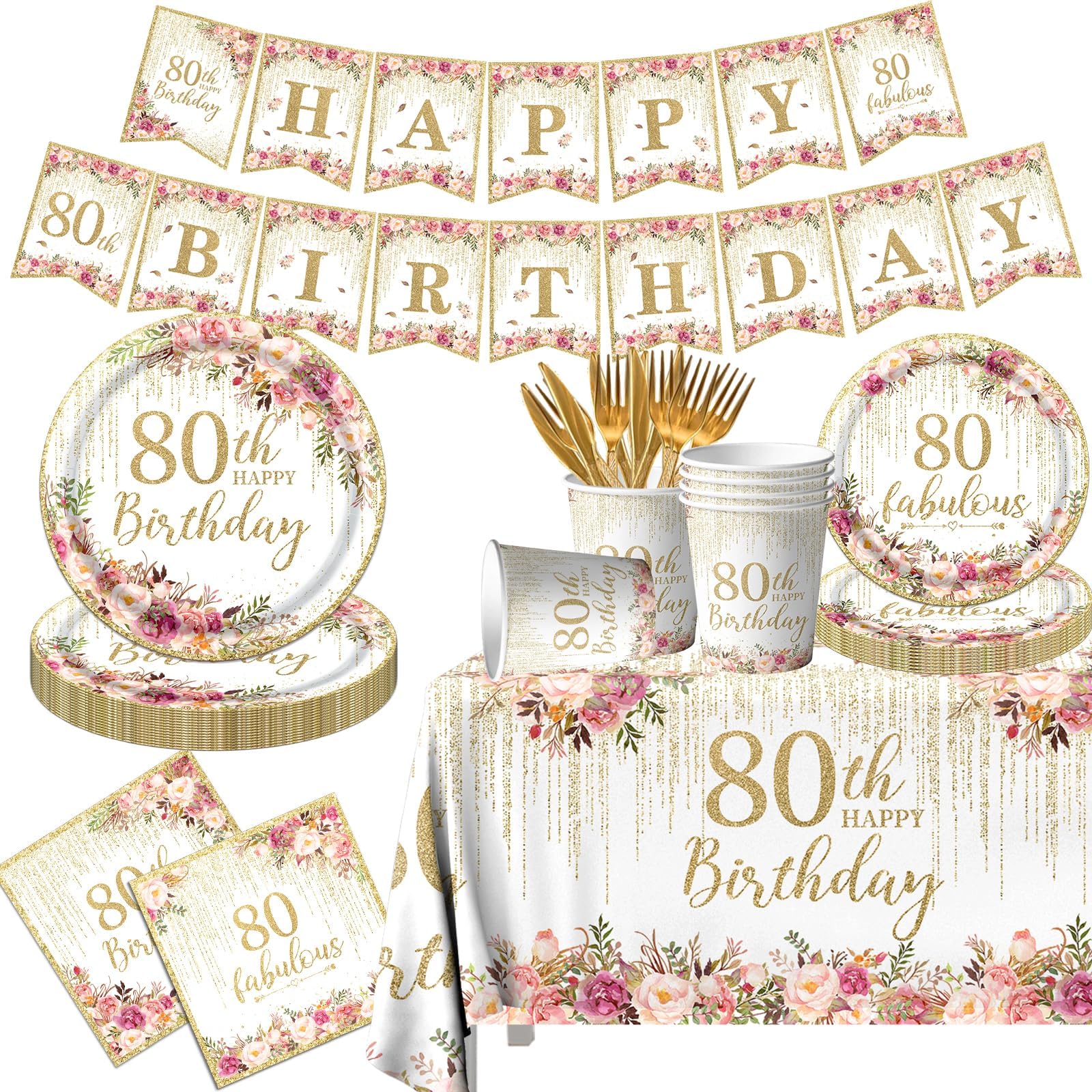 80th Birthday Party Tableware, 142Pcs Rose Gold 80th Birthday Decorations Includes 80th Birthday Plates and Napkins,Tablecloth,Cup,80 and Fabulous Banner,80th Birthday Decorations for Women