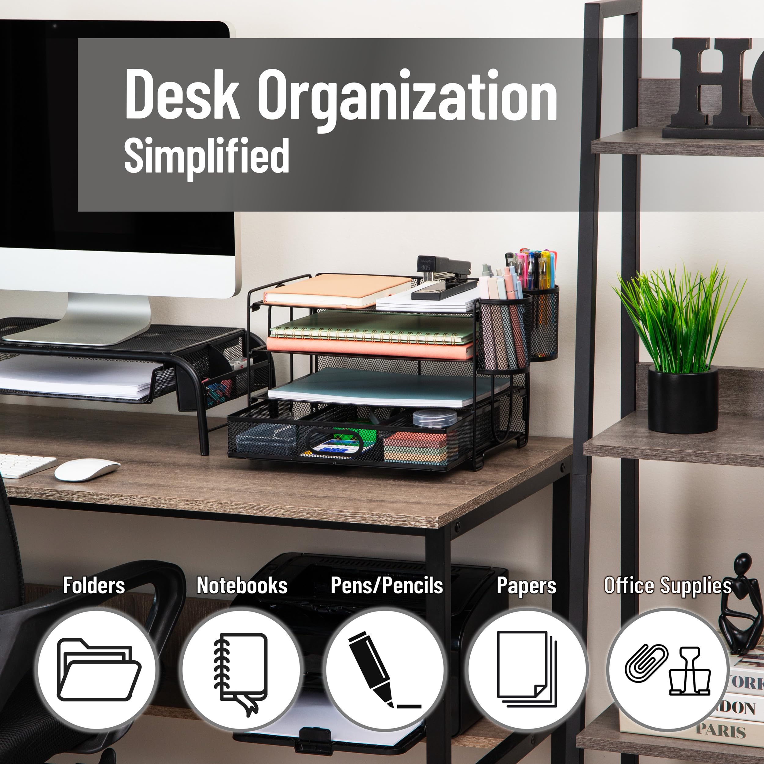 Mind Reader Schreibtisch-Organizer aus Netzstoff, 3 Ablagen, 1 Schublade, 2 Stifthalter, Büro-Schreibtisch-Organizer, Metallgitter, Schwarz
