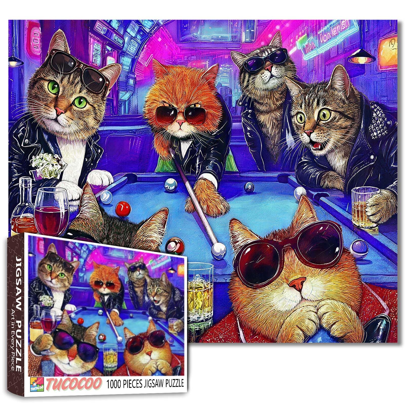 Cat Party Puzzle Cat Beer Snooker Jigsaw Funny Animal Colorful Interior Scene 1000 Pieces for Adults Beginner Challenging Family Activity Games DIY Crafts Puzzle for Home Decor Gifts — image 1
