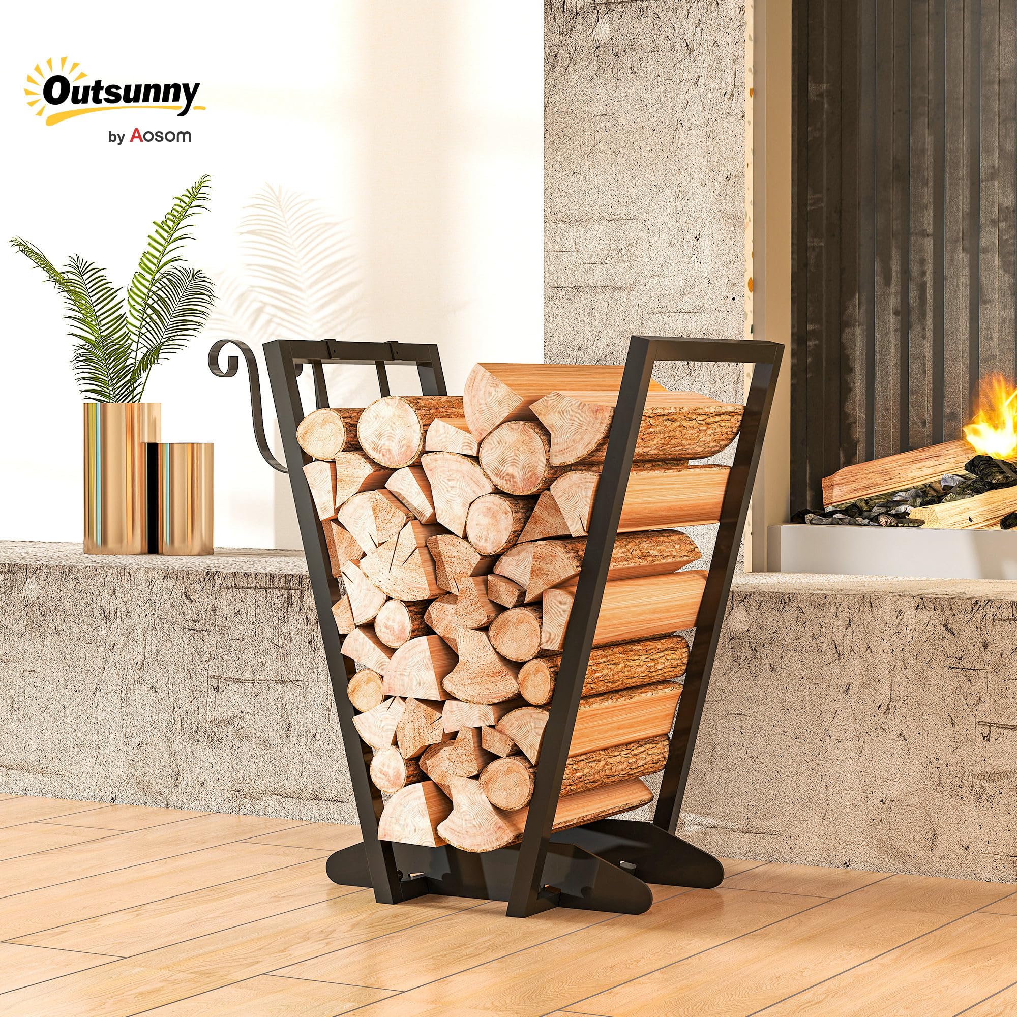 Outsunny Scaffale Portalegna da Esterno e Interno con Ganci in Acciaio, Legnaia Design Moderno con Base Rialzata, 45x32x58cm, Nero