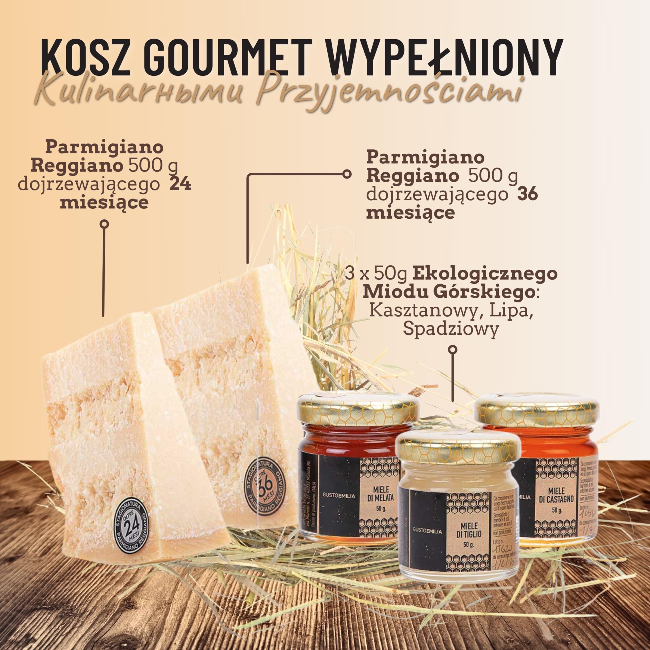 GUSTOEMILIA Kosz Upominkowy Gourmet: Ser i Miód - Parmigiano Reggiano dojrzewający (2 x 500 g) oraz Kasztanowy, Lipowy i Spadziowy (3 x 50 g) - Włoski Kosz Prezentowy na Wszystkie Okazje