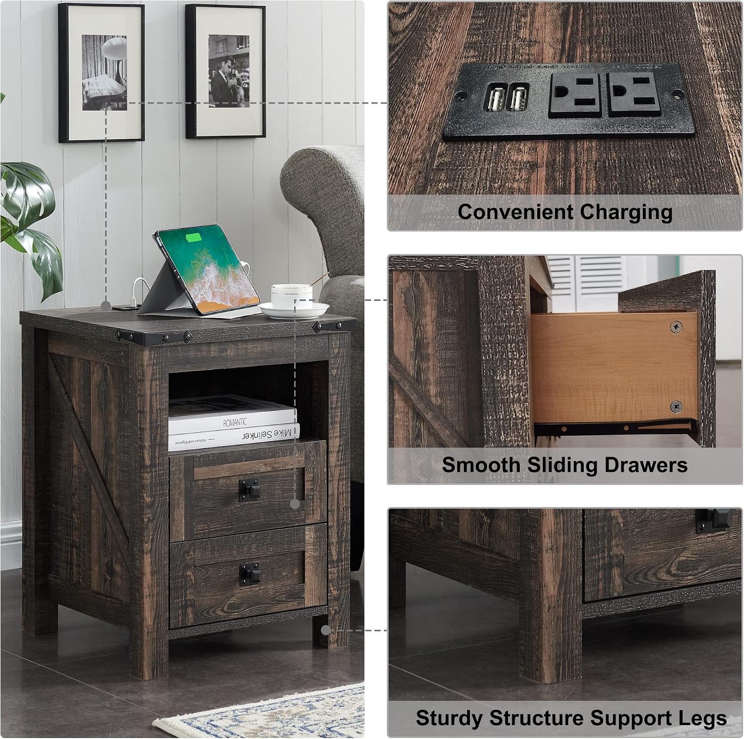 T4TREAM Nightstand with Charging Station, End Table, Side Table with 2 Drawers Storage Cabinet for Bedroom, Living Room, Farmhouse Design, Wood Rustic, Dark Rustic Oak