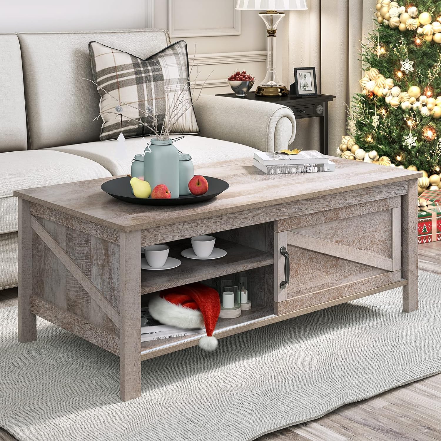YITAHOME Coffee Table with Storage & Sliding Barn Doors,Farmhouse Coffee Tables for Living Room with Adjustable Shelves,Wood Living Room Center Table for Living Meeting Room,Grey Wash Gray Wash Country Rustic