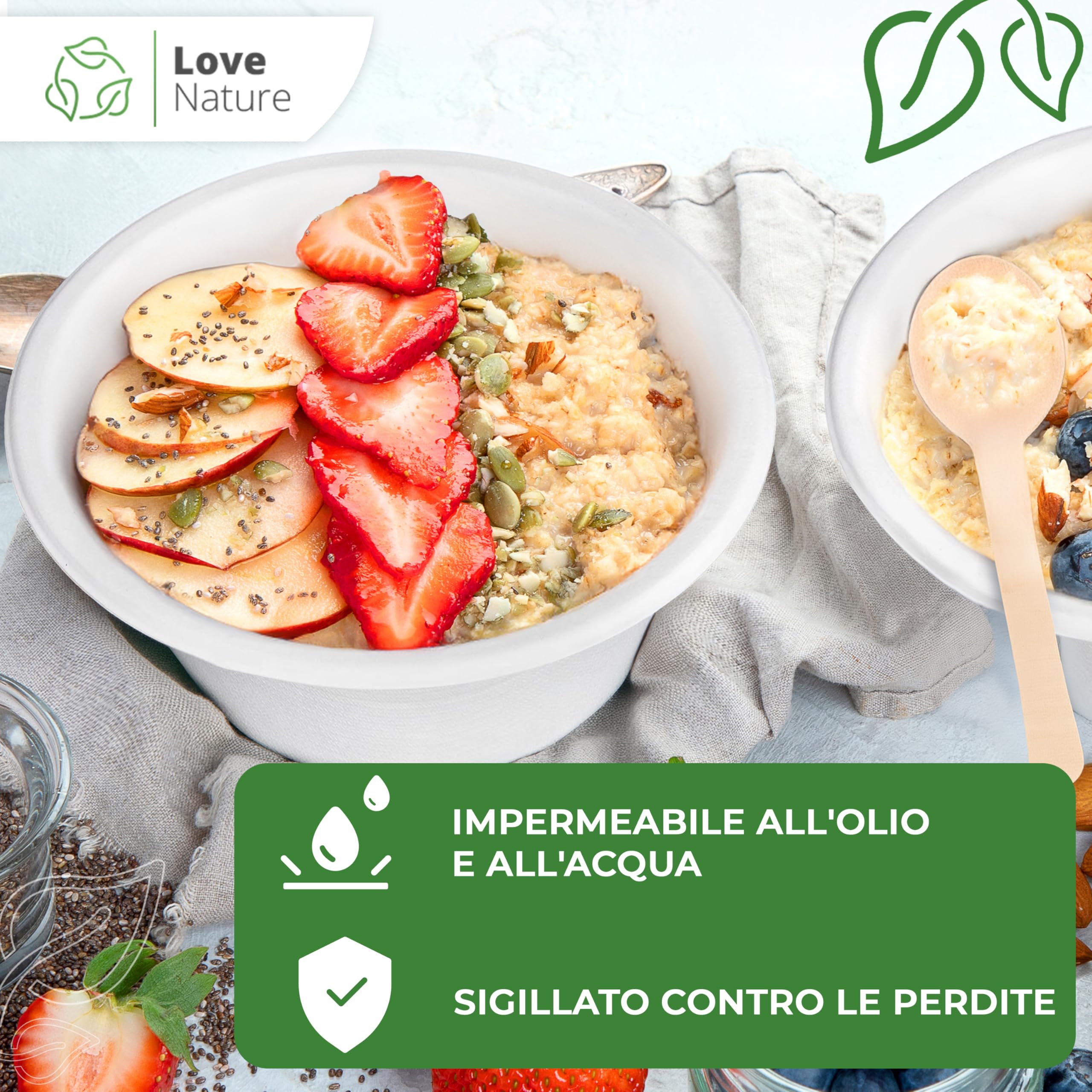 Love Nature Ciotole Usa e Getta di Polpa Canna di Zucchero 350 ml - 500 Pezzi di Ciotole Monouso Ecologico - Stoviglie Usa e Getta