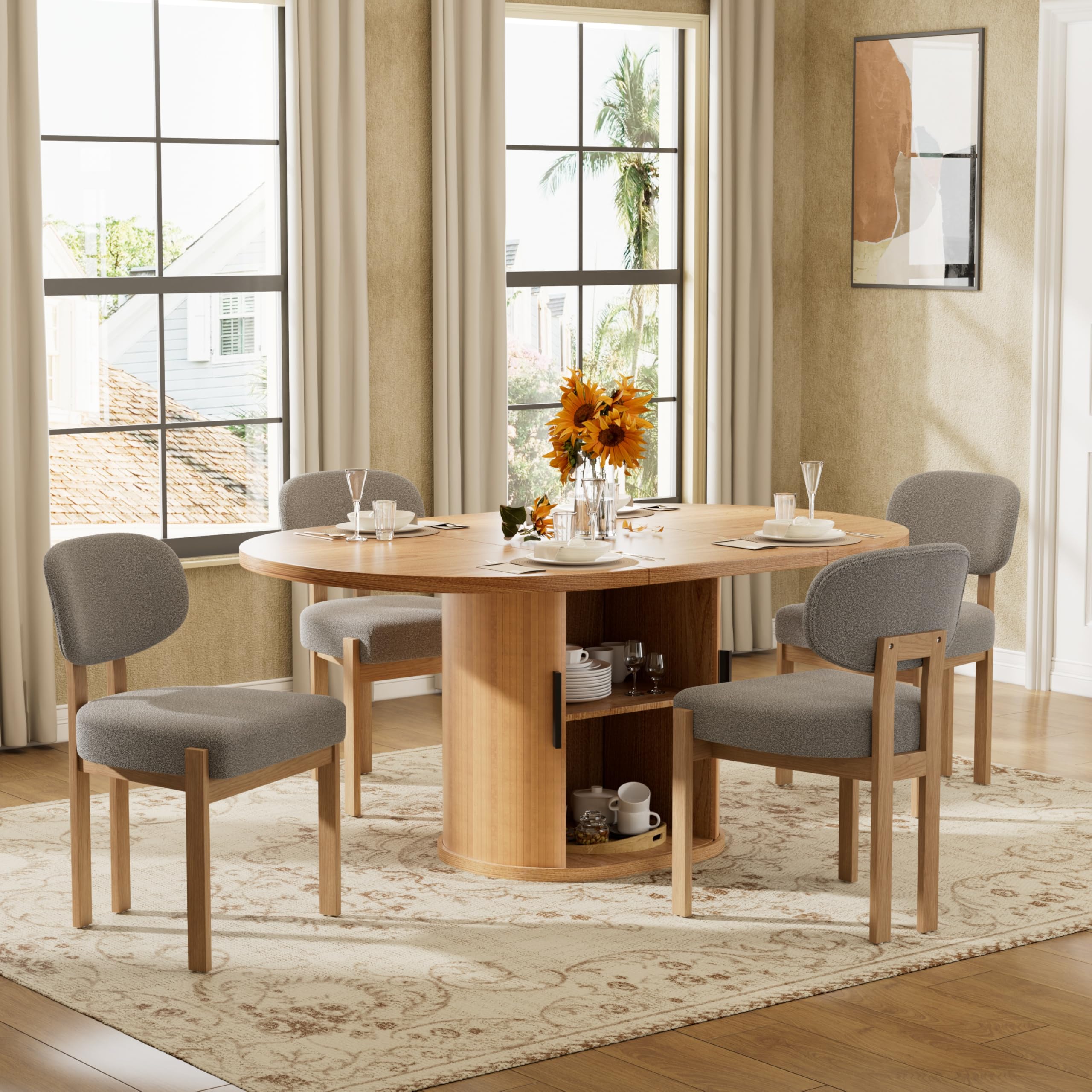 Large Retro Dining Table Set for 4, Modern Oval Kitchen Table Set with 4 Upholstered Chairs, Solid MDF Table with 2-Layer Storage Shelf and Wood Slide Door, Luxury Gray Chenille Chairs