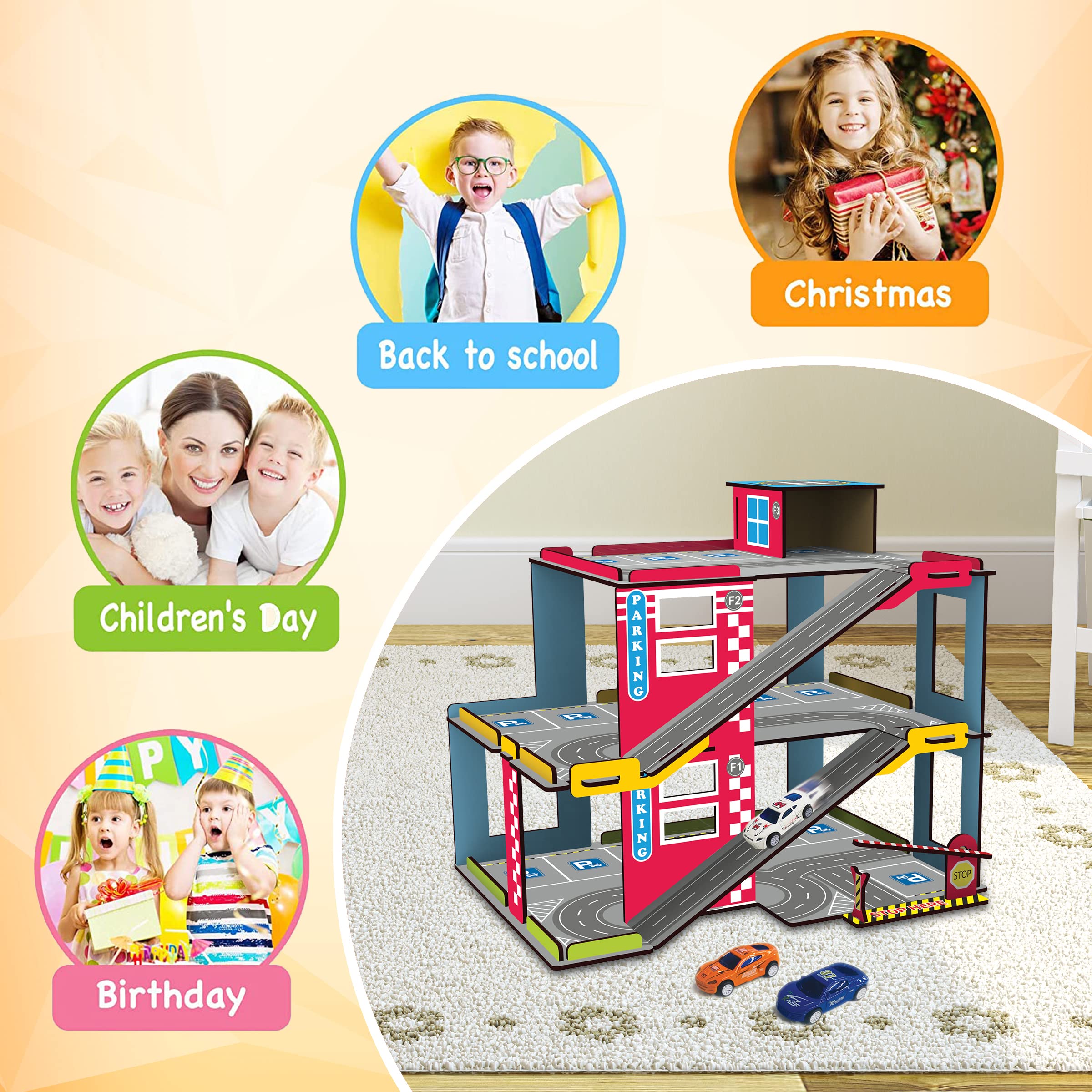 Webby Multilevel Parking Garage Playset with 3 Pullback Metal Cars, Parking Gate, Sign Boards and Helicopter for Boys and Girls - Image 3 thumbnail