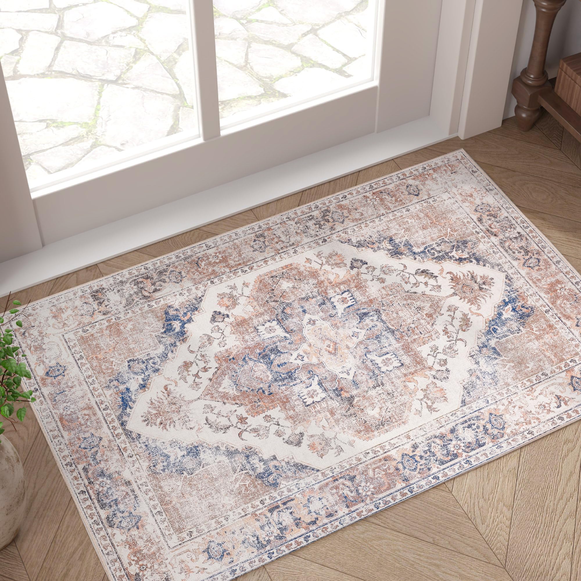 JINCHAN Area Rug 2x3 Washable Rug Entryway Rug Vintage Foldable Thin Rug Chenille Orange Blue Floral Print Accent Rug Retro Indoor Door Mat Non Slip Carpet Kitchen Living Room Bedroom Dining Room