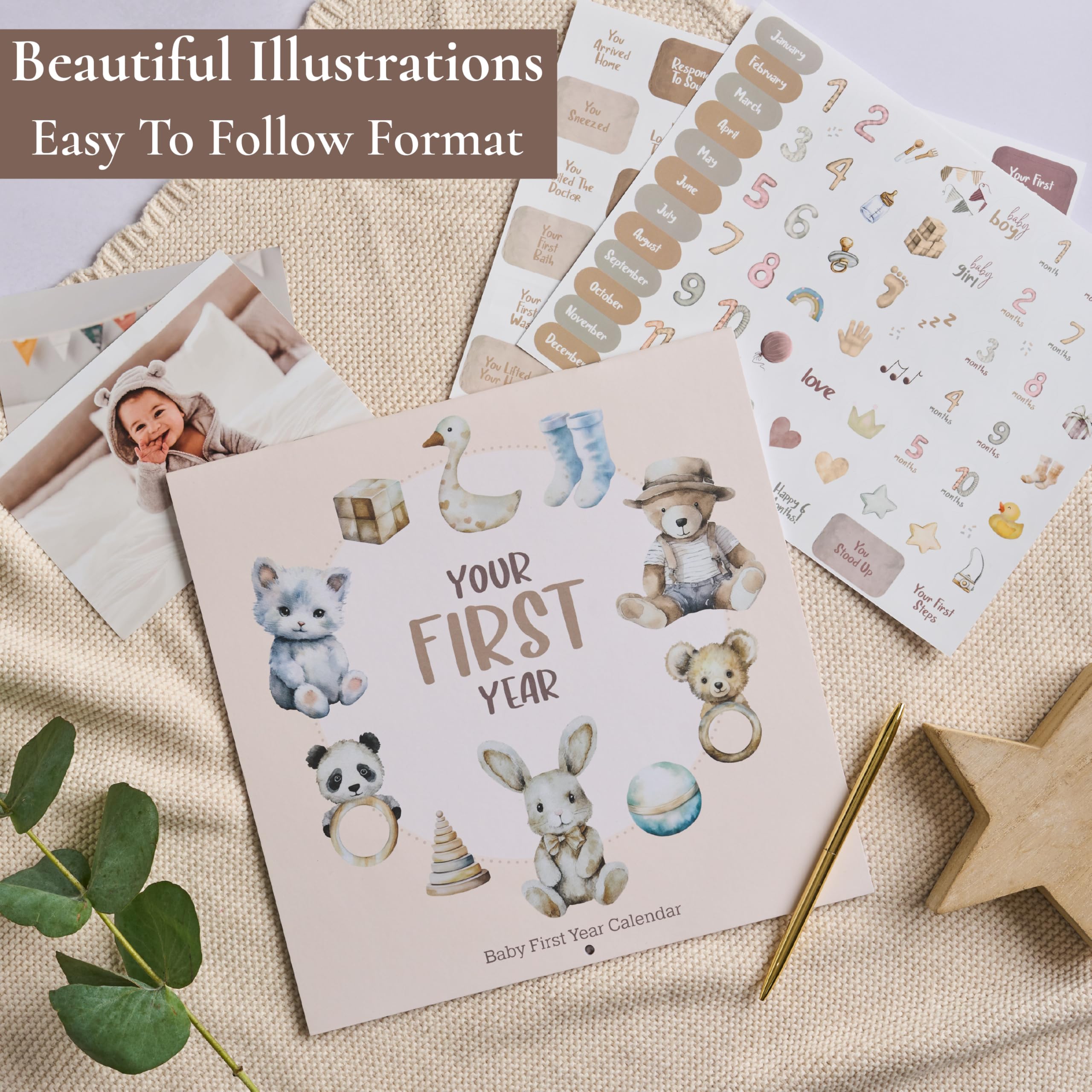 Baby erstes Jahr Kalender mit 100 Aufklebern - Unisex Baby Design 1. Jahre Wandkalender mit Aufklebern, Baby Tracker, Baby Scrapbook für neue Mutter und Neugeborene Jungen & Mädchen