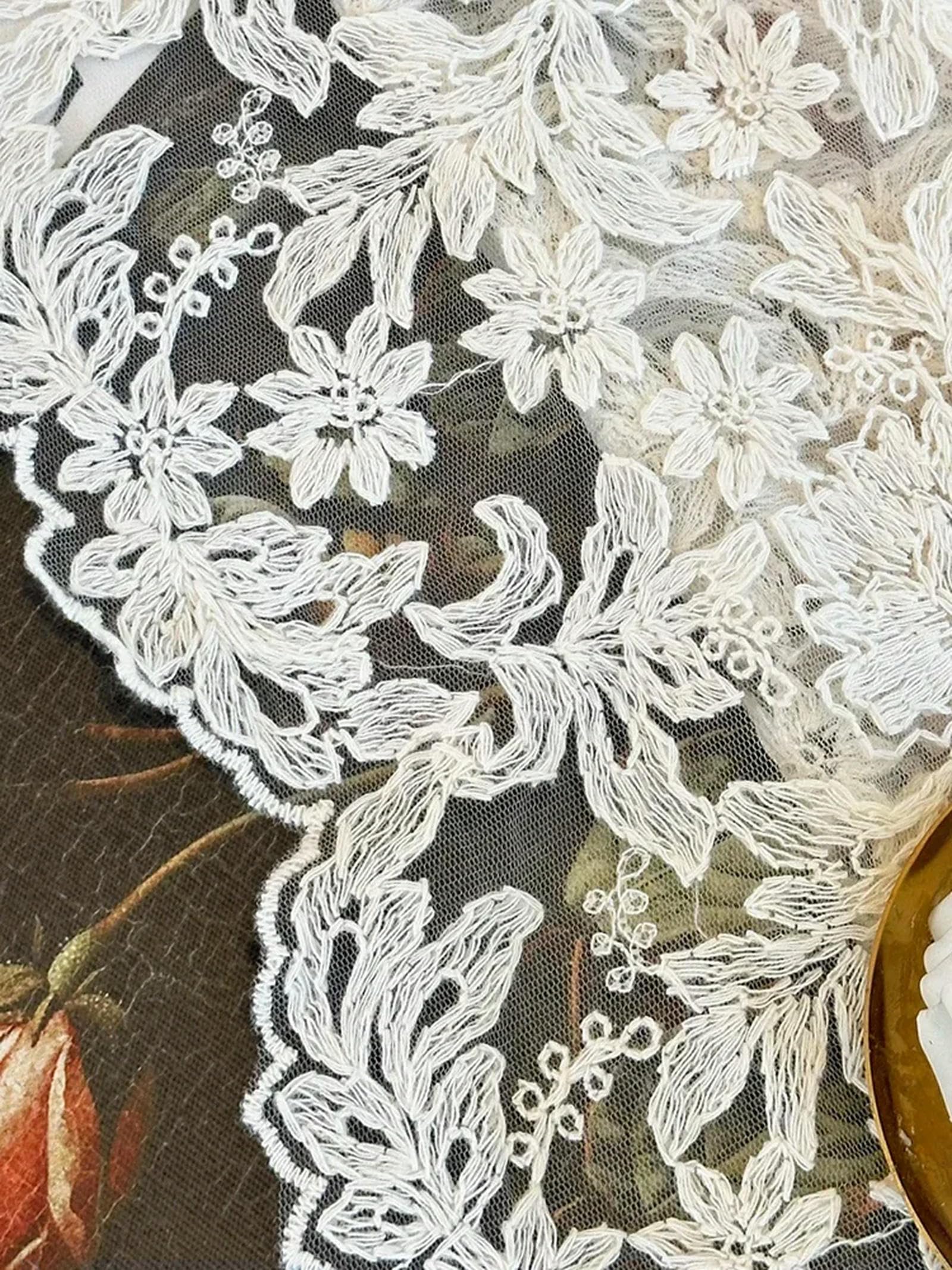 Tende divisorie in Pizzo Europeo con Bordo Ondulato, Tende in Garza Ricamate Beige Vintage di Fascia Alta Francese