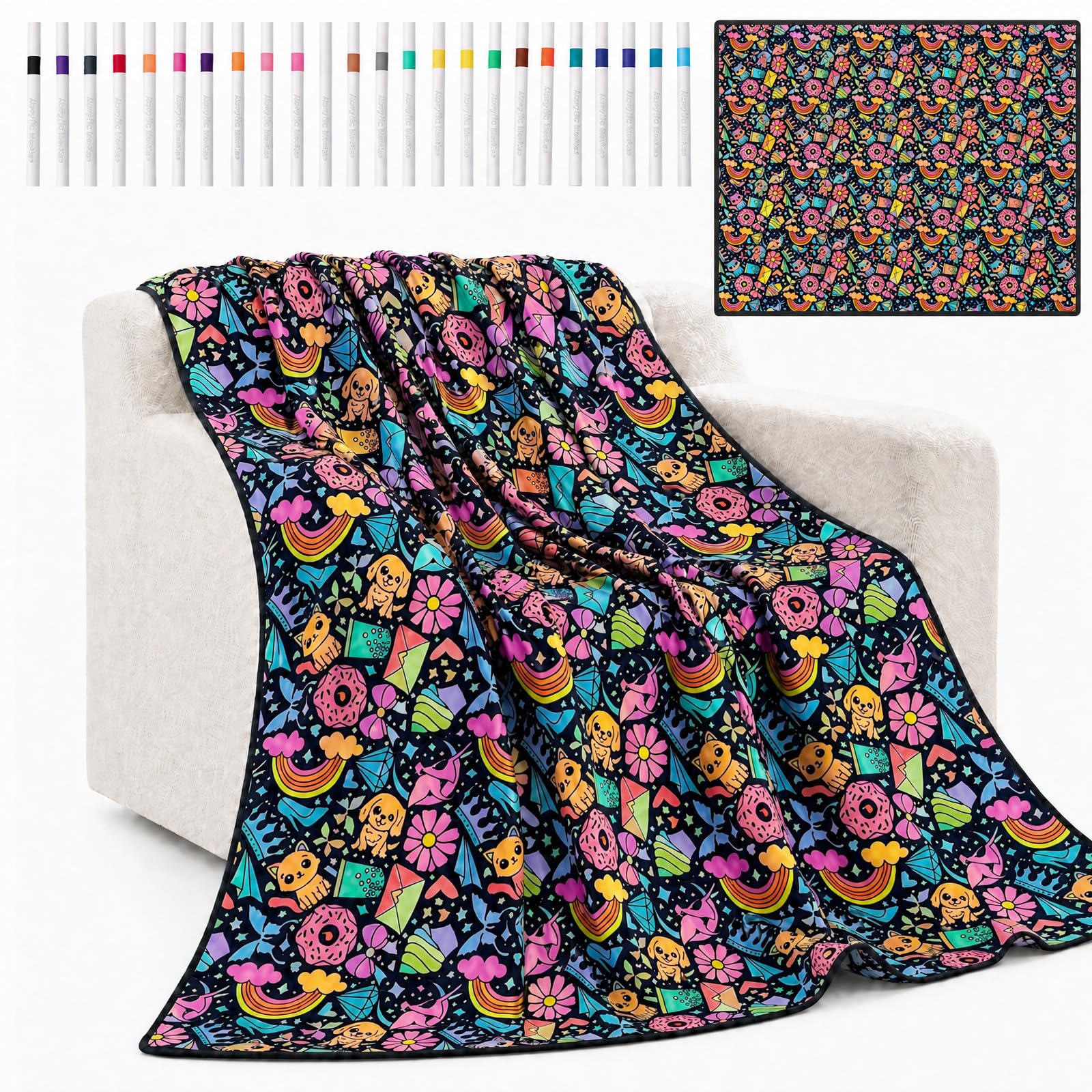 Shaojian Pet Diy Colouring Blanket With 24 Fabric Markers, 150X115cm Sofa Throw Blanket For Home Bedroom Decor, Diy Colour Your Own Art Craft Kit For Adults(Pet)