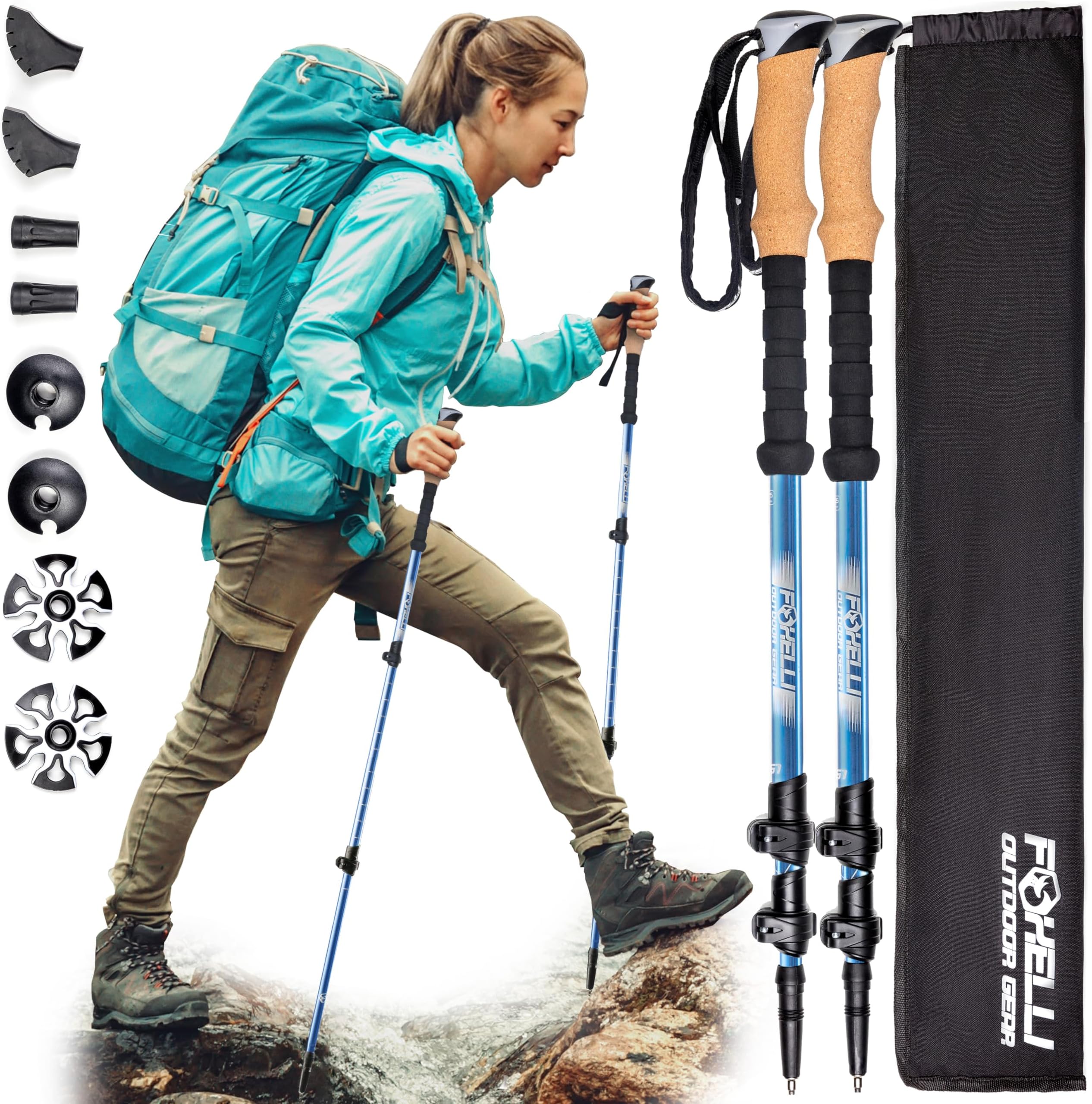 Foxelli Carbon Fiber Trekking Poles – Lightweight Collapsible Hiking Poles with Cork Grips, Quick Flip Locks & All-Terrain Accessories – Adjustable Height Hiking Sticks for Men & Women