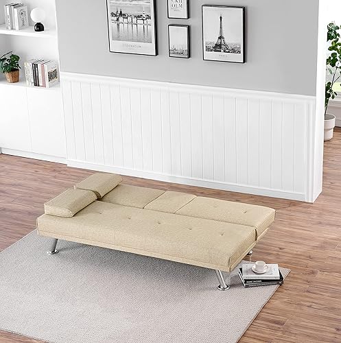 Miniatura 3 de Tiophome Sofá multifuncional de 67 pulgadas, 2 portavasos de cuero con reposabrazos extraíbles, cama plegable convertible para espacios pequeños,