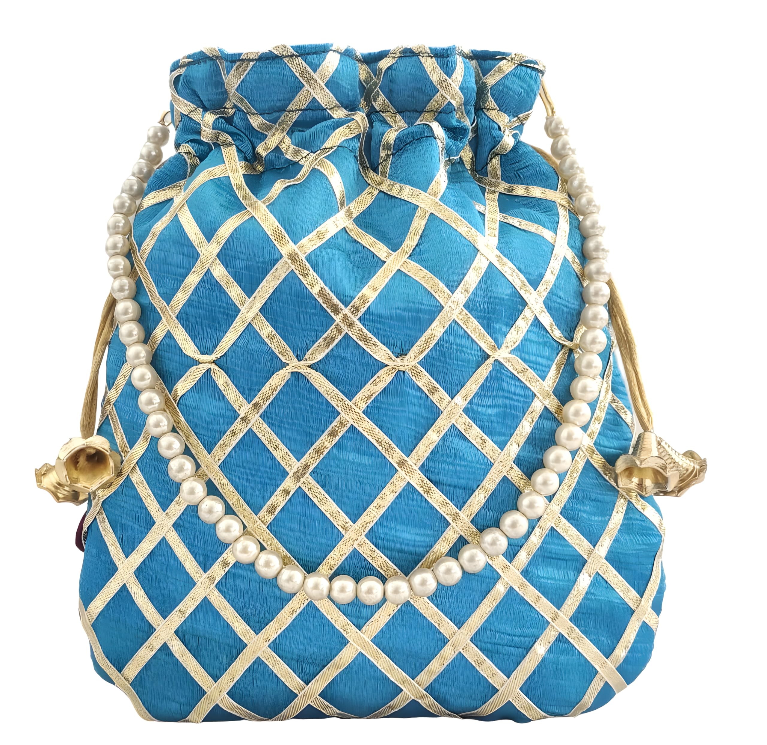 Women's Gota Patti Blue Potli Bag Purse with Pearl Handle-image-6
