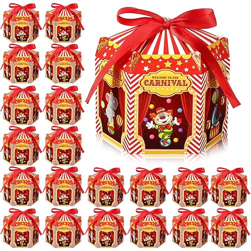 Carnival Treat Boxes Circus Cupcake Paper Candy Boxes Red White Stripes Carnival Paper Favor Boxes Carnival Goody Gift Decorations for Carnival Theme Birthday Halloween Holiday Celebration (24 Pcs)